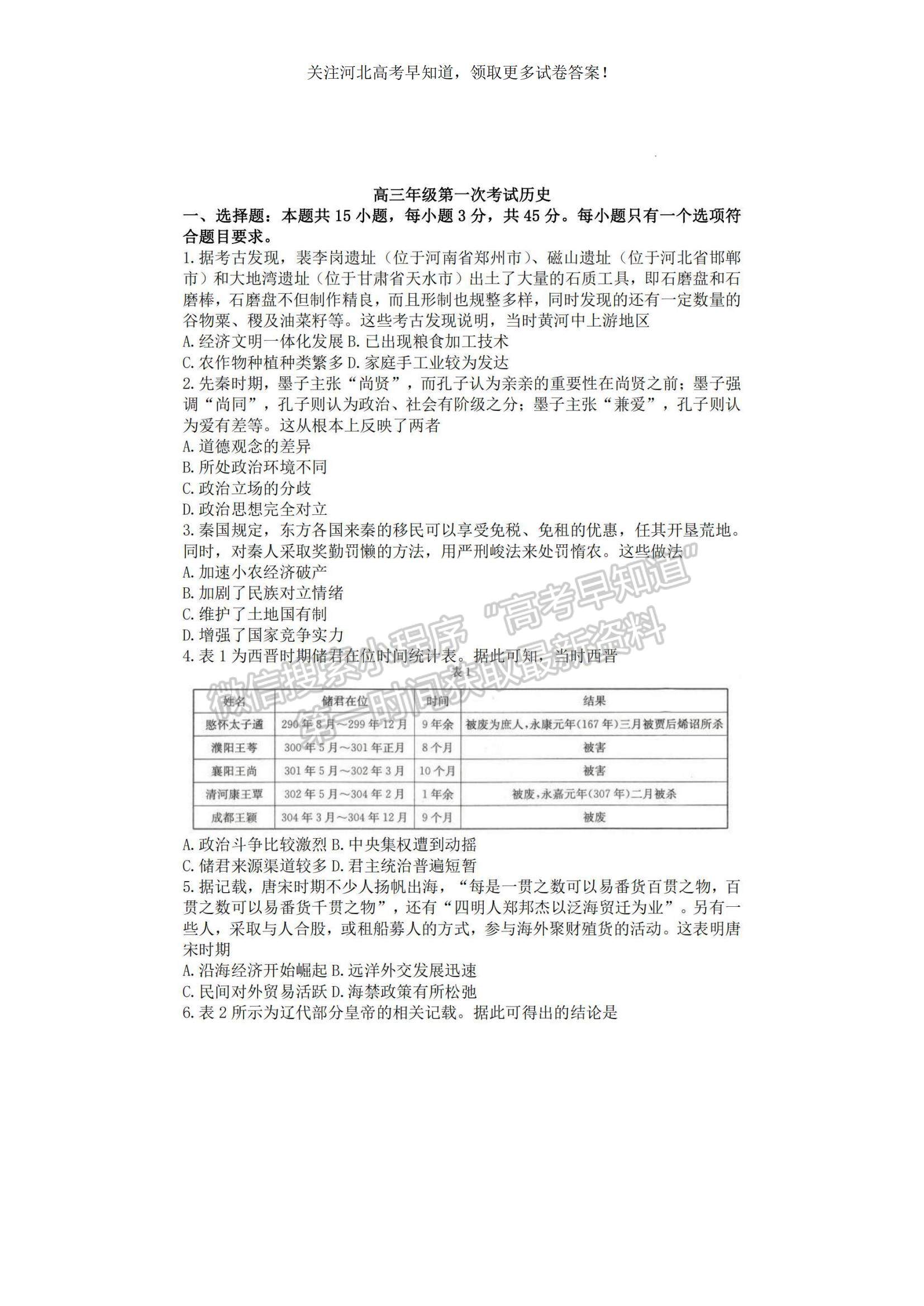 2023河北省保定市部分學校高三上學期開學考試歷史試題及參考答案