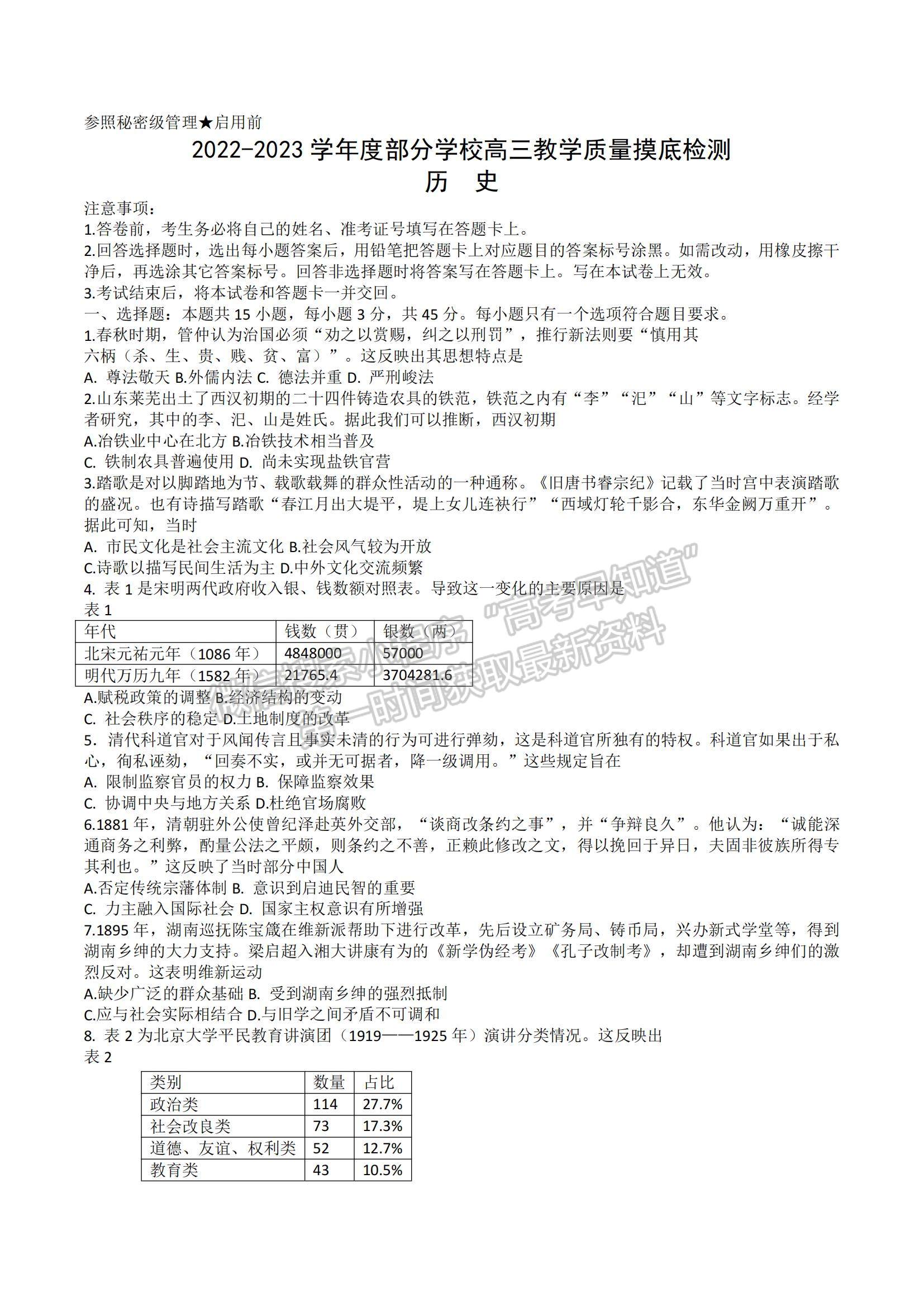 2023山東省淄博市部分學(xué)校高三12月摸底考試-歷史試卷及答案