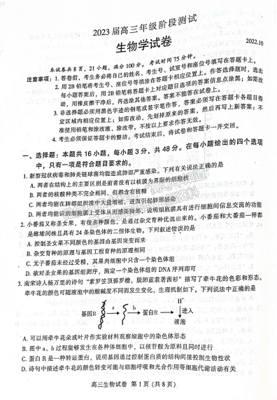 2023廣東省廣州市越秀區(qū)高三上學期10月統(tǒng)考生物試題及參考答案