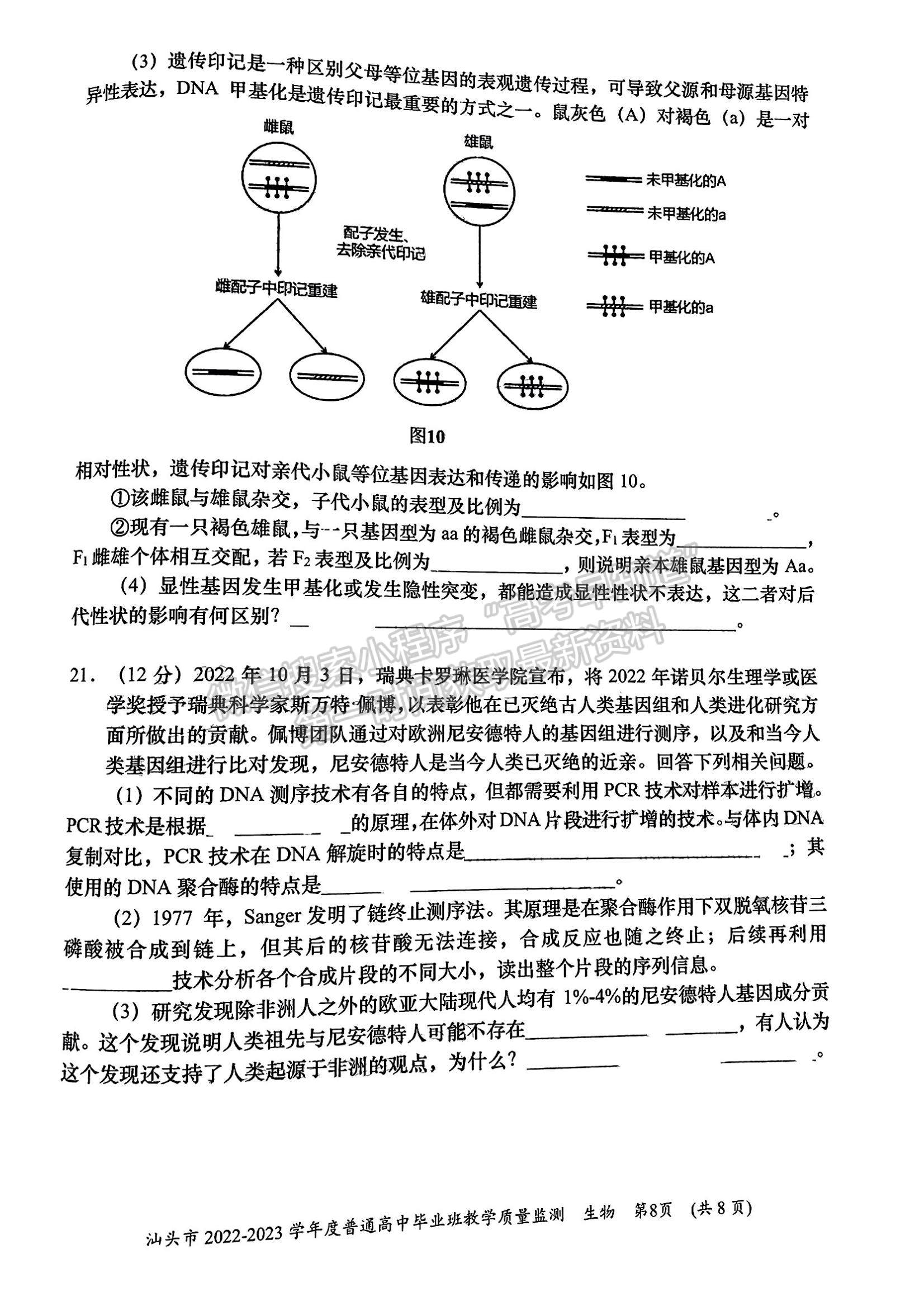 2023汕頭高三12月市統(tǒng)考生物試題及答案