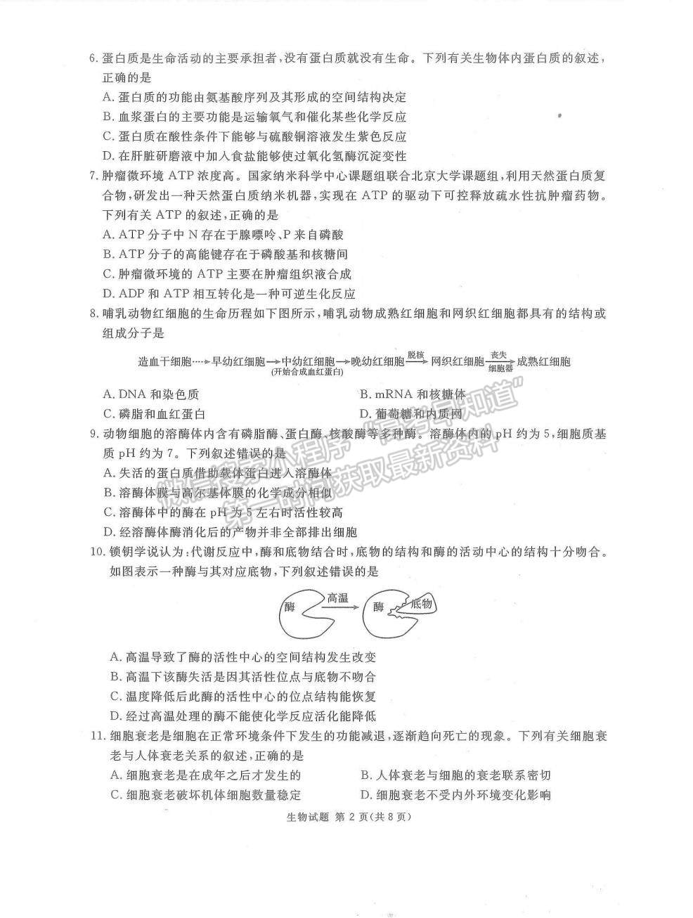 2023四川省雅安市高三零診生物試題及參考答案