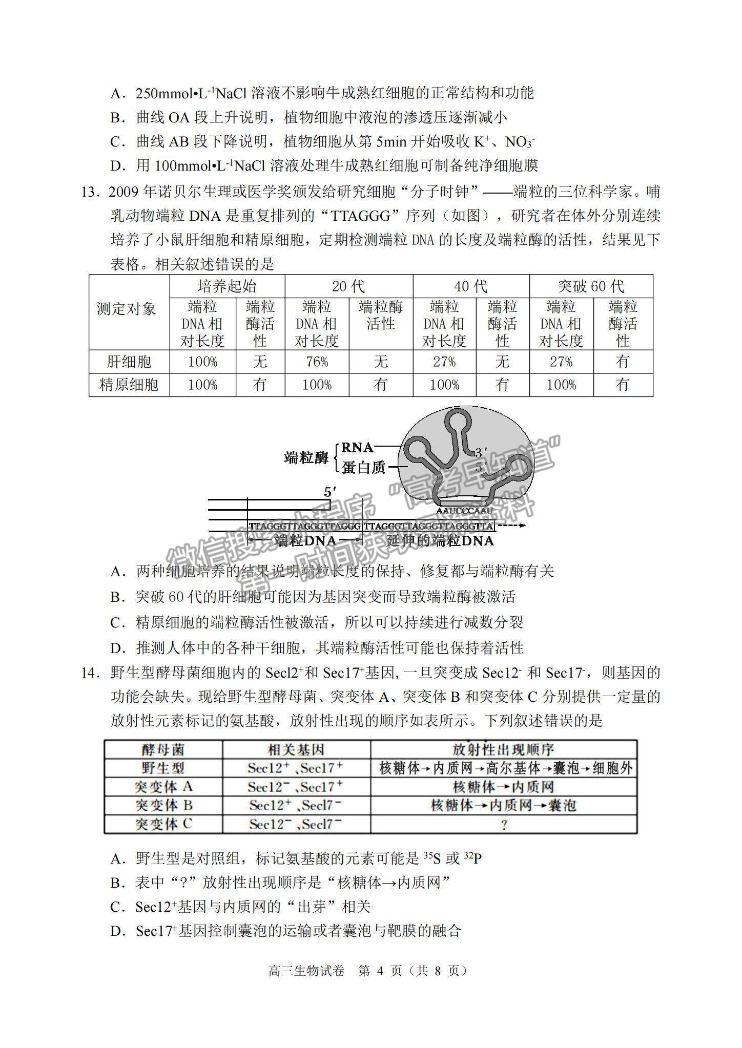 2023順德一模生物試題及參考答案