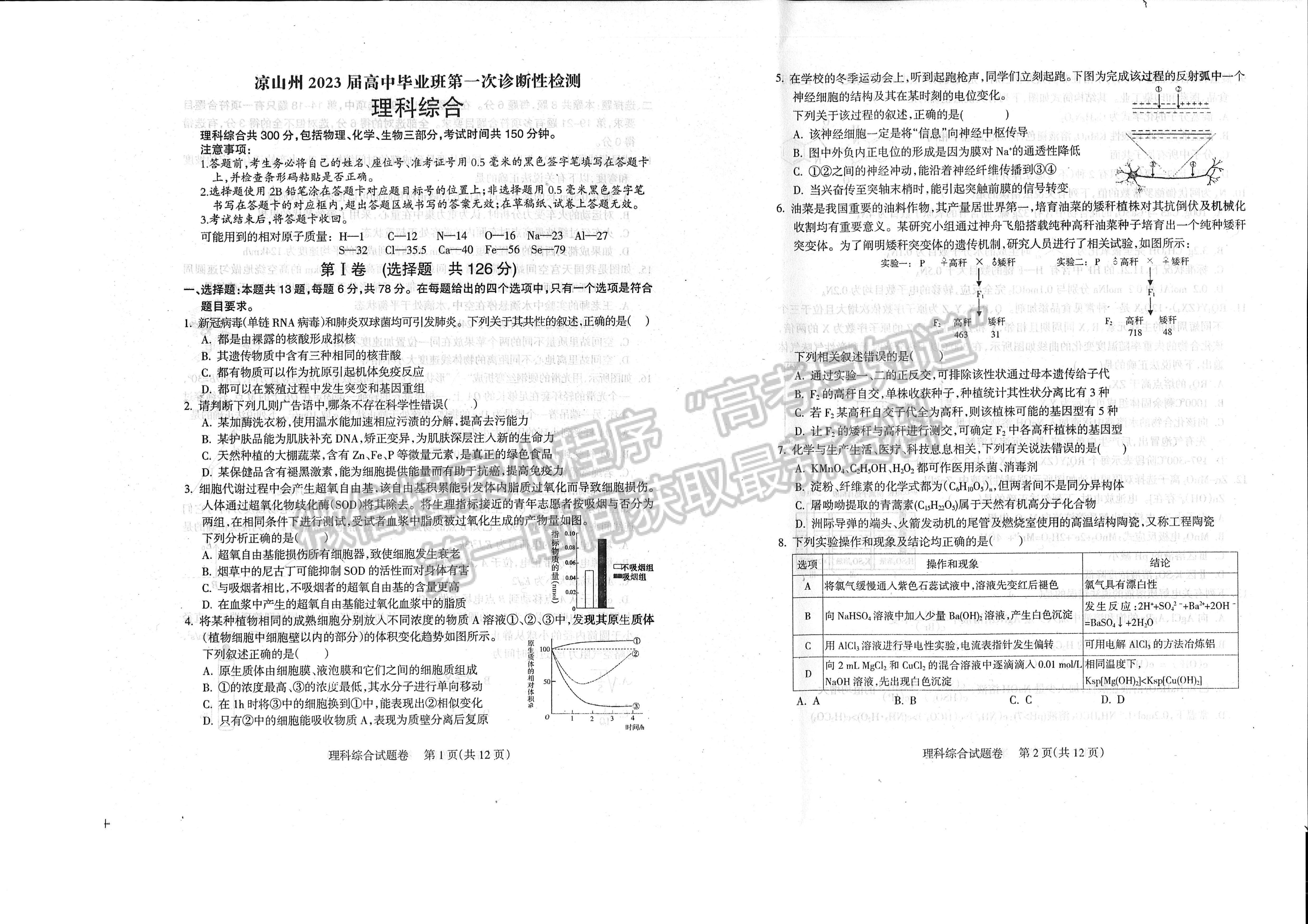 2023四川省涼山州2023屆高中畢業(yè)班第一次診斷性檢測(cè)理科綜合試題及答案