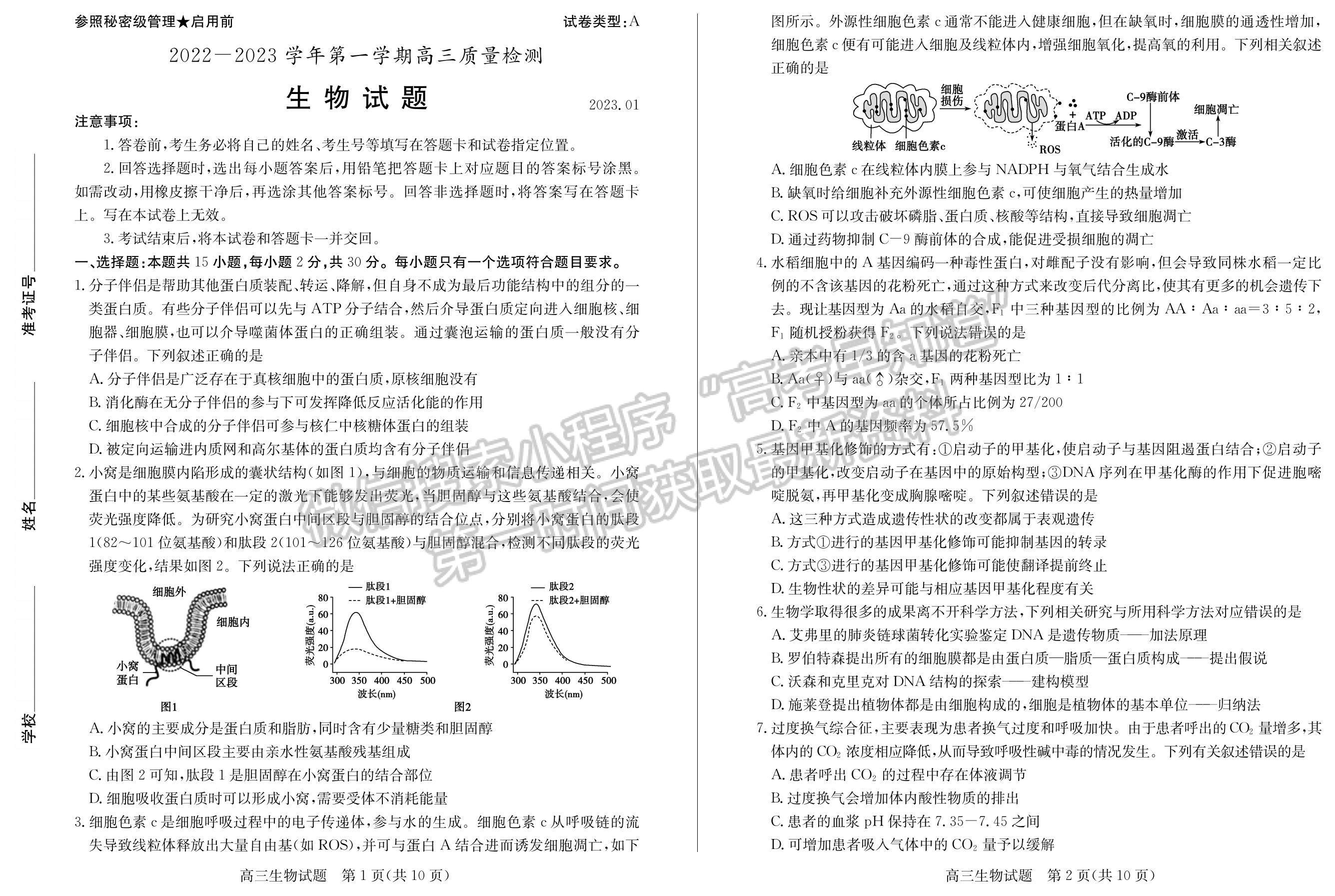 2023年山東棗莊高三一調(diào)-生物試卷及答案