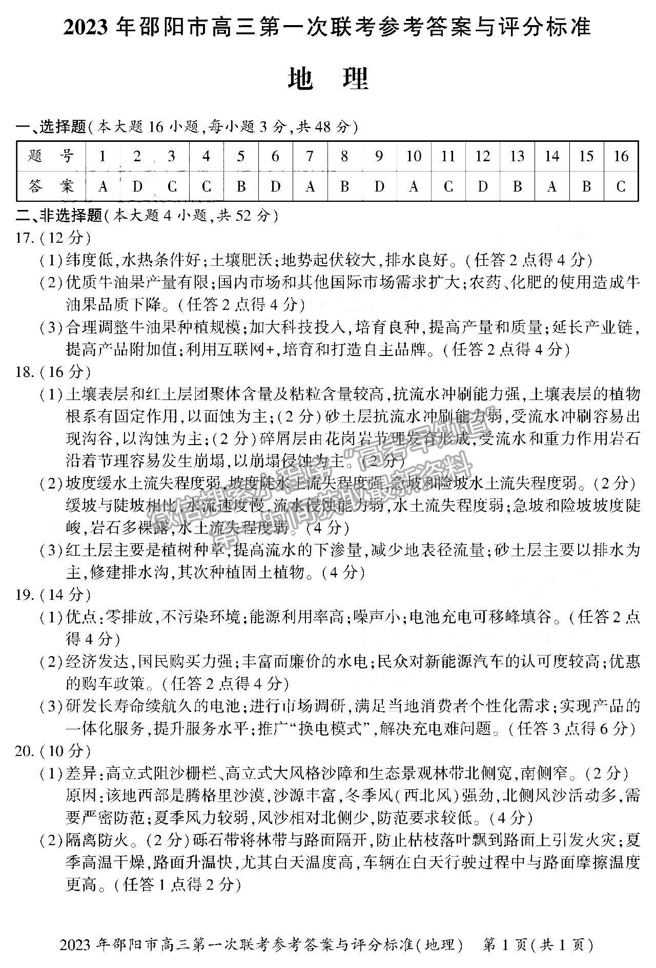 2023湖南邵陽一模地理試卷及答案 ?