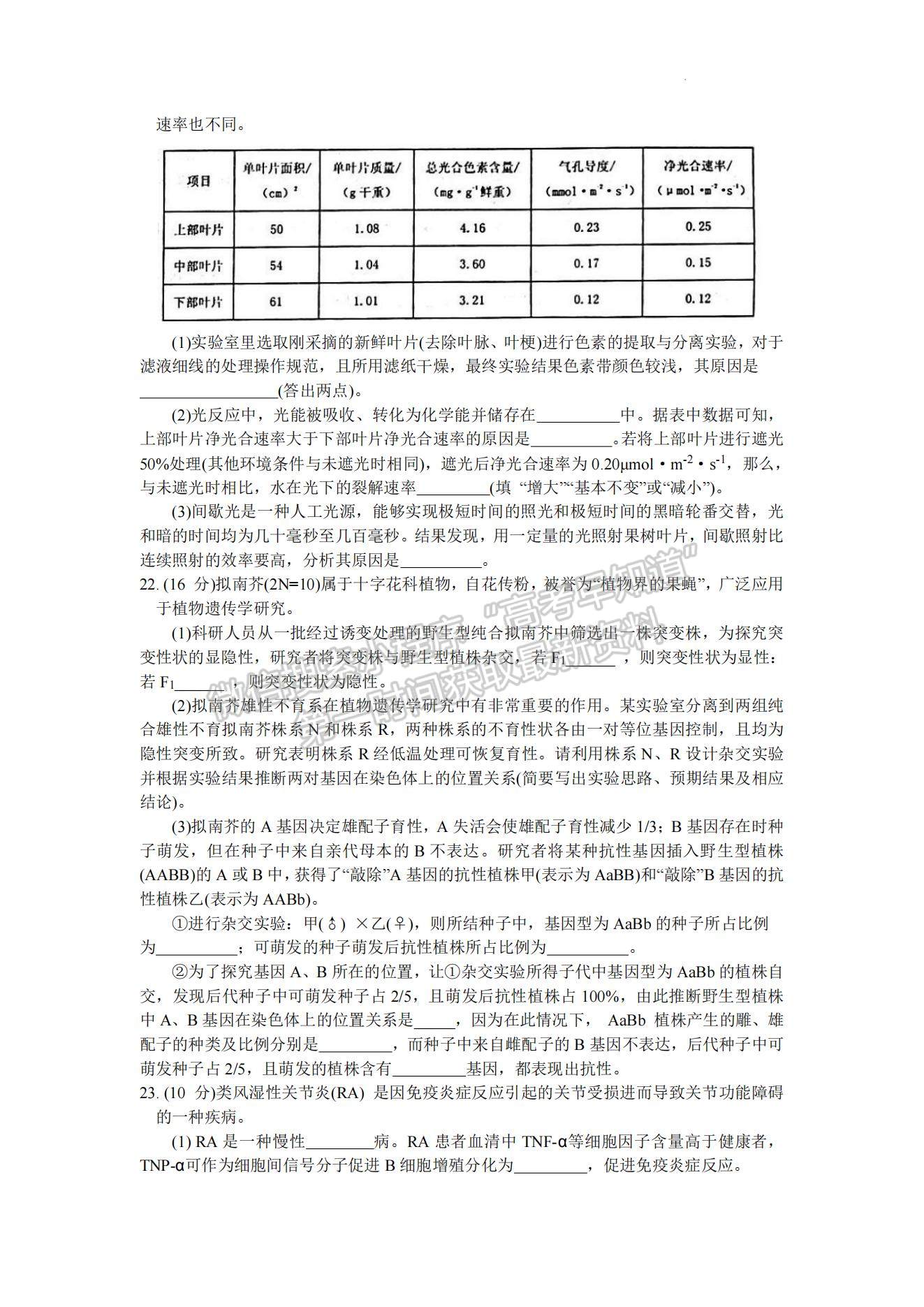 2023年山東省煙臺(tái)市高三上學(xué)期期末考-生物試卷及答案