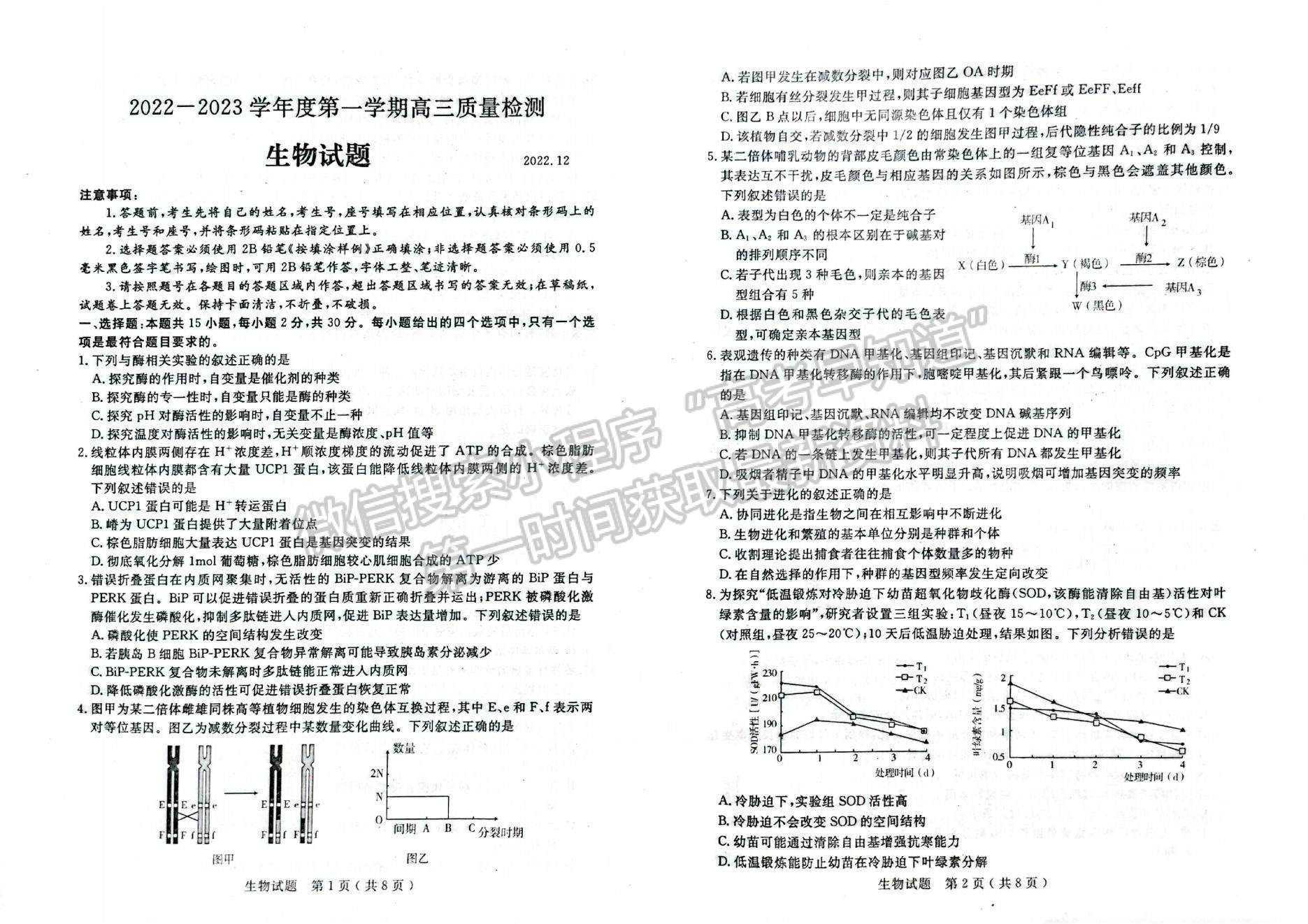 2023年山東濟(jì)寧高三第一學(xué)期期末質(zhì)量檢測(cè)-生物試卷及答案