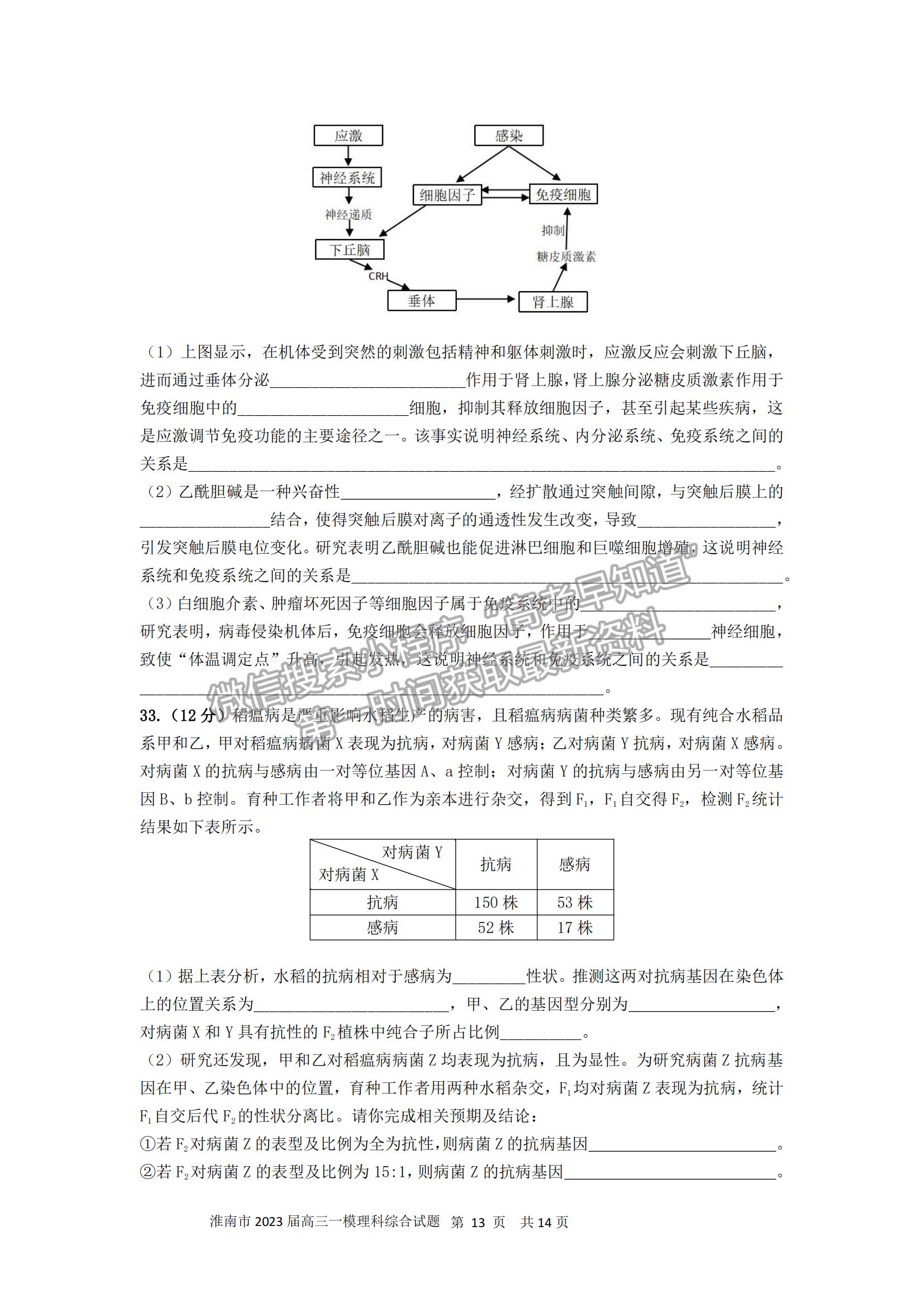 2023安徽淮南一模理綜試卷及答案