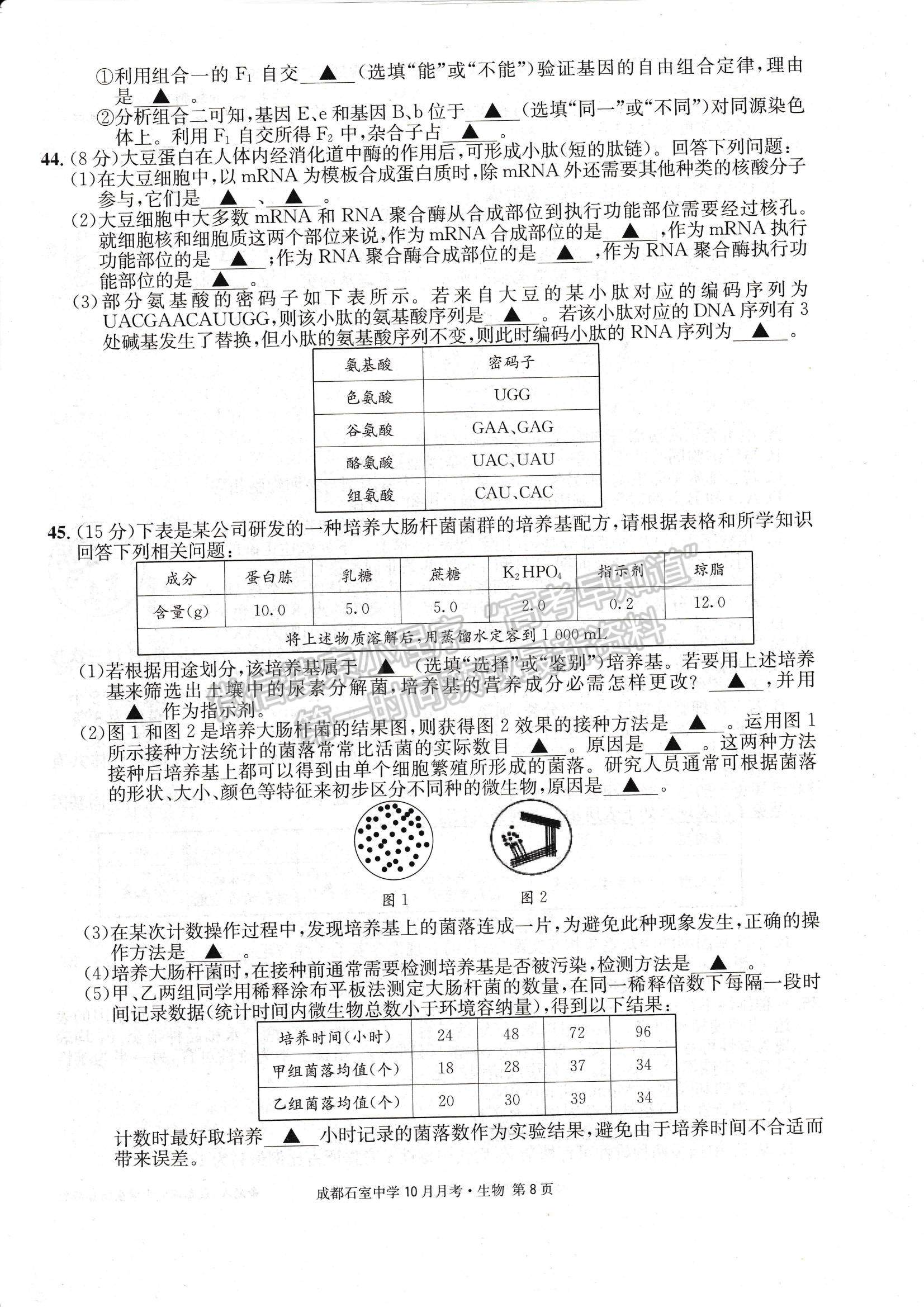 2023四川省成都石室中學(xué)高三上學(xué)期10月月考生物試題及參考答案