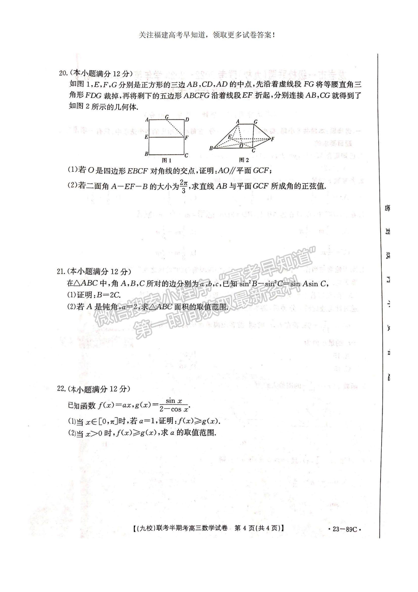 2023福建省龍巖市一級校聯(lián)盟（九校）高三上學期11月期中聯(lián)考數(shù)學試題及參考答案