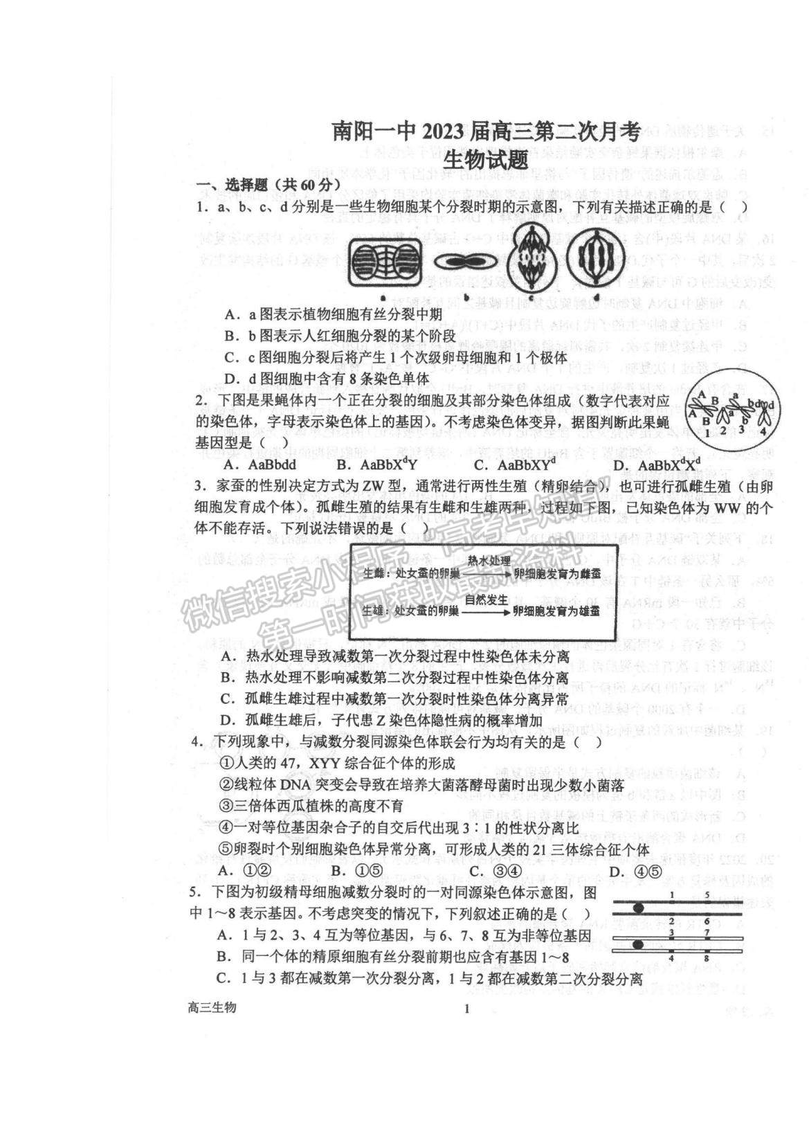 2023河南省南陽一中高三上學期10月月考生物試題及參考答案