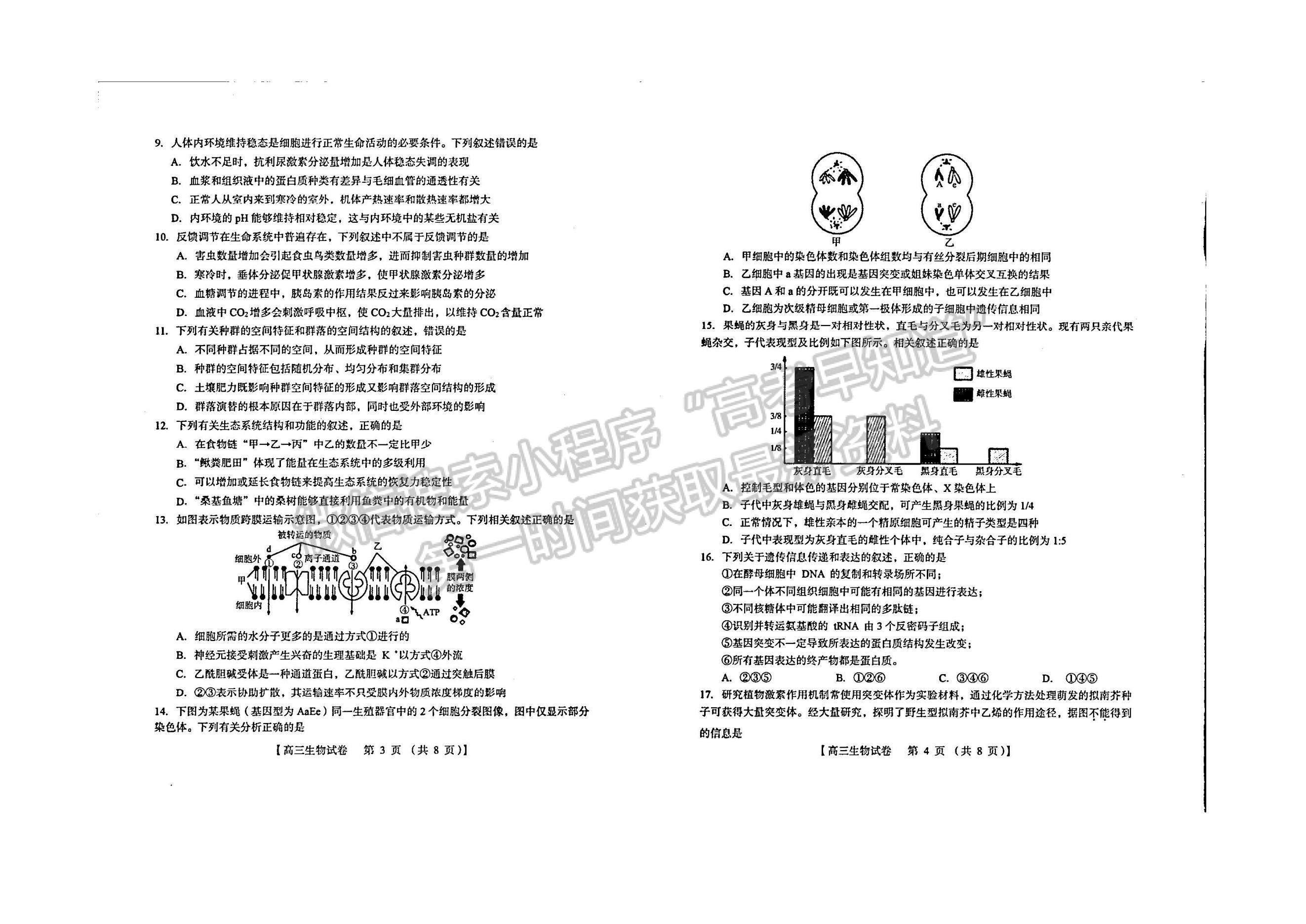 河南省三門峽市2022-2023學年高三上學期一模生物試題及參考答案