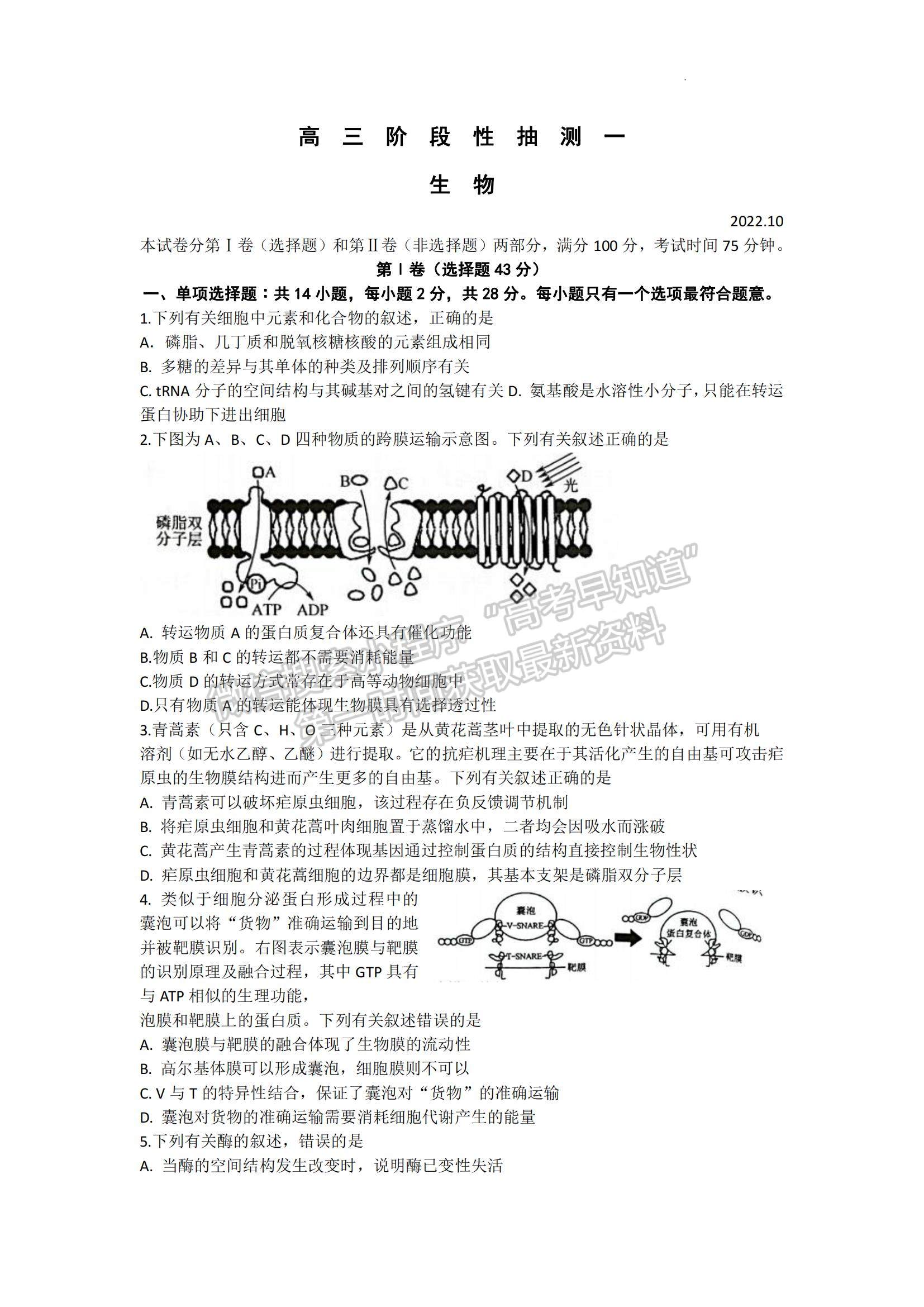 2023江蘇省常熟市高三上學(xué)期階段性抽測(cè)一生物試題及參考答案