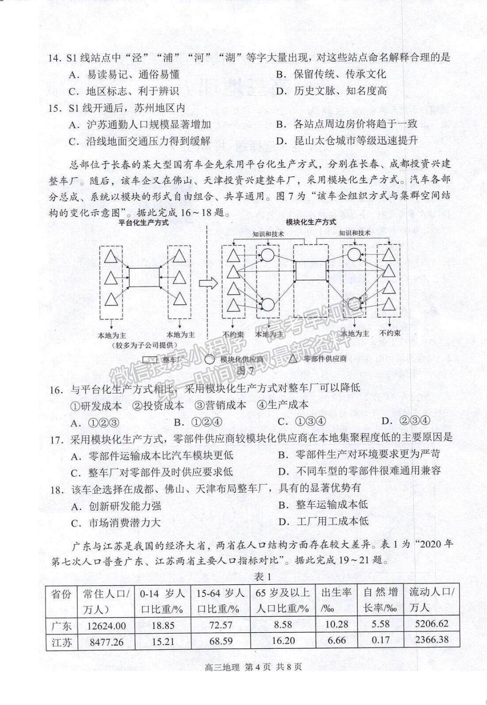 2023届江苏省苏州市高三上学期学业质量阳光指标调研地理试题及参考答案