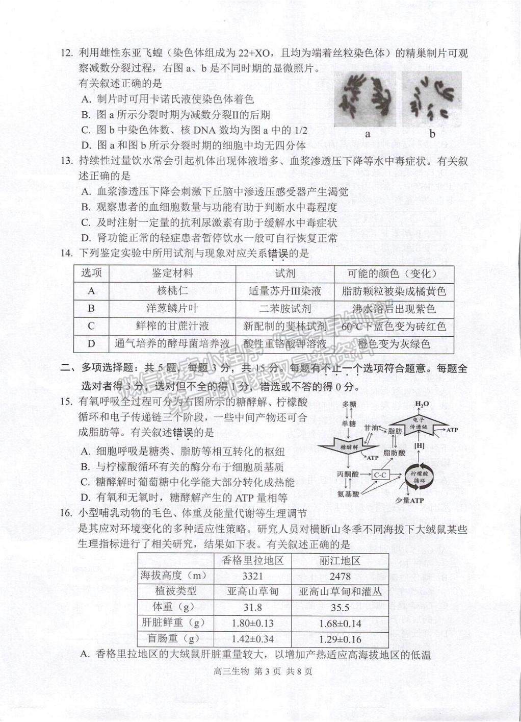 2023届江苏省苏州市高三上学期学业质量阳光指标调研生物试题及参考答案