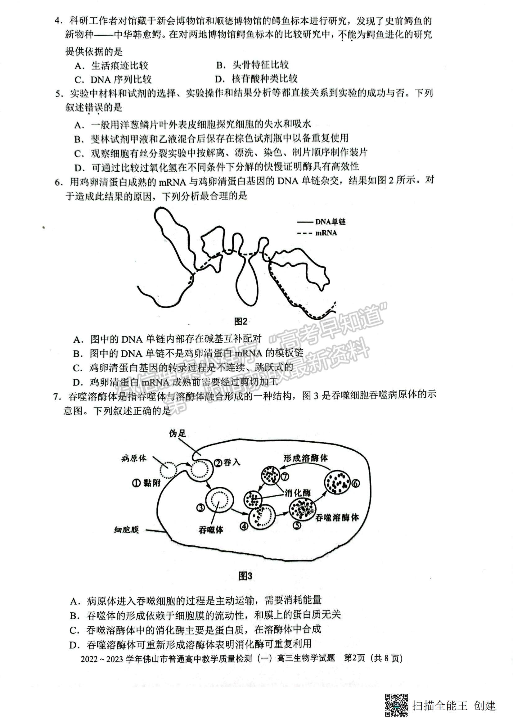 2023佛山高三市統(tǒng)考【佛山一?！可镌囶}及答案