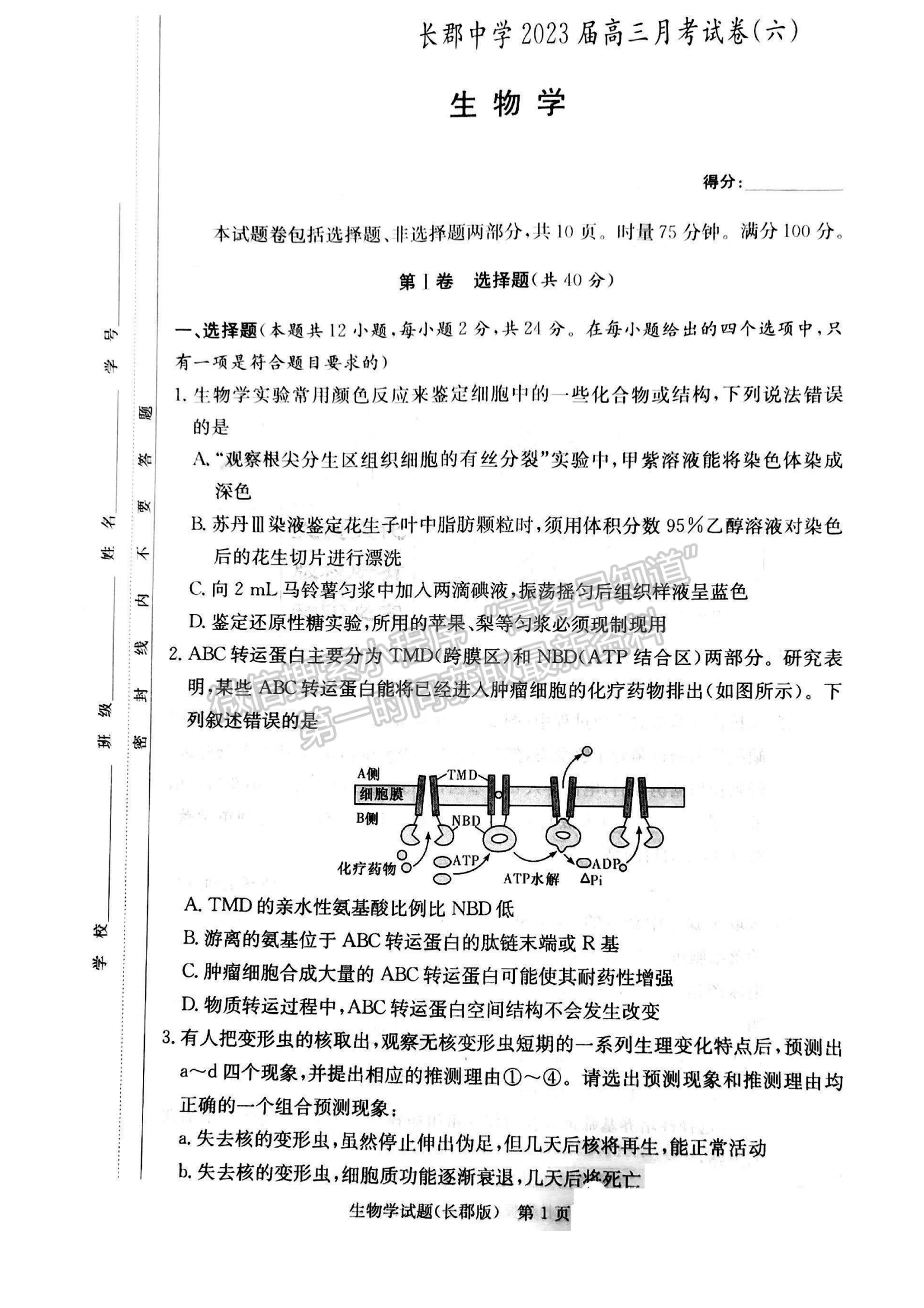 2023湖南炎德英才長郡中學(xué)高三月考（六）生物試卷及答案