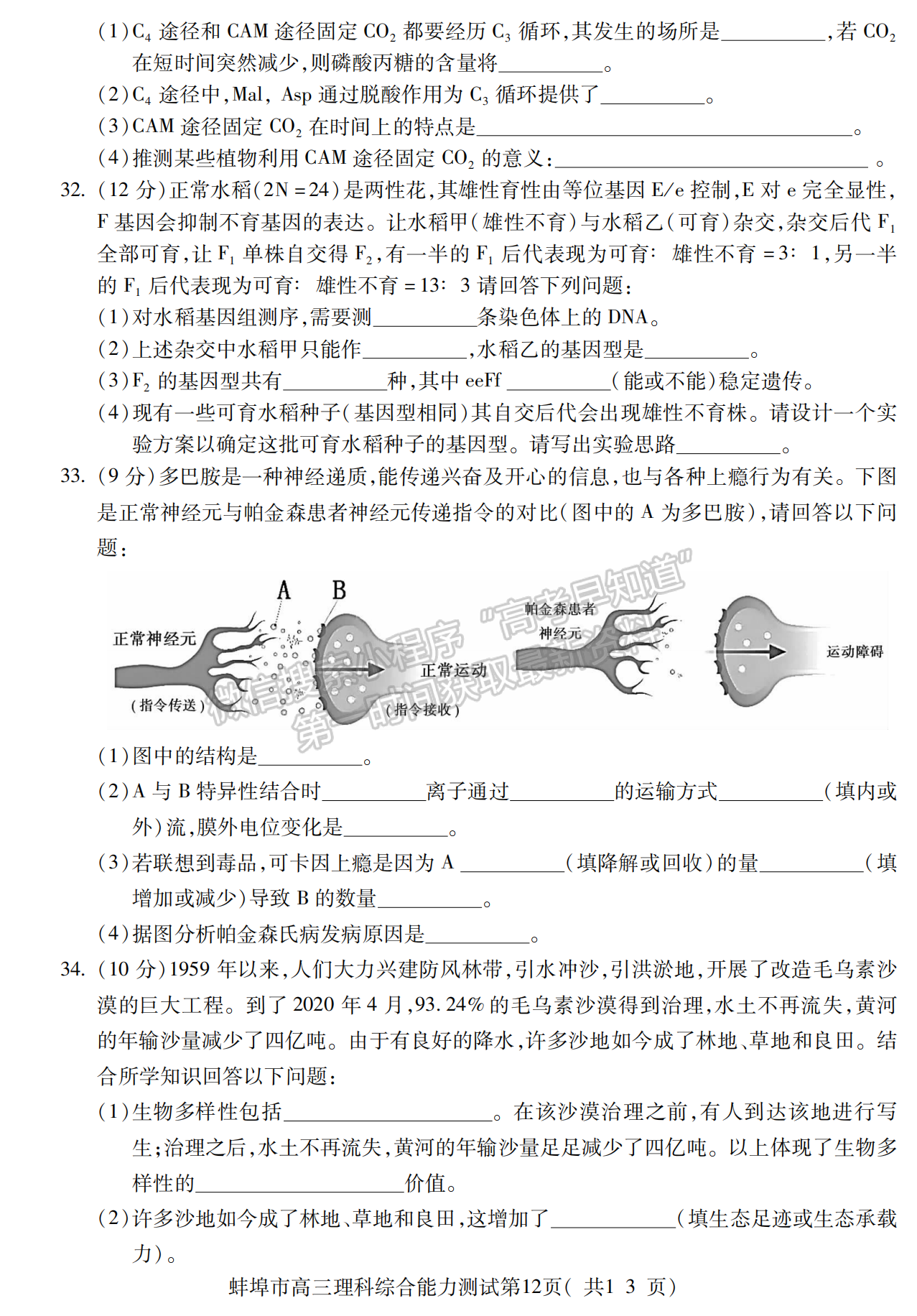 2023安徽蚌埠高三第二次教學(xué)質(zhì)量檢測(cè)理綜試卷及答案