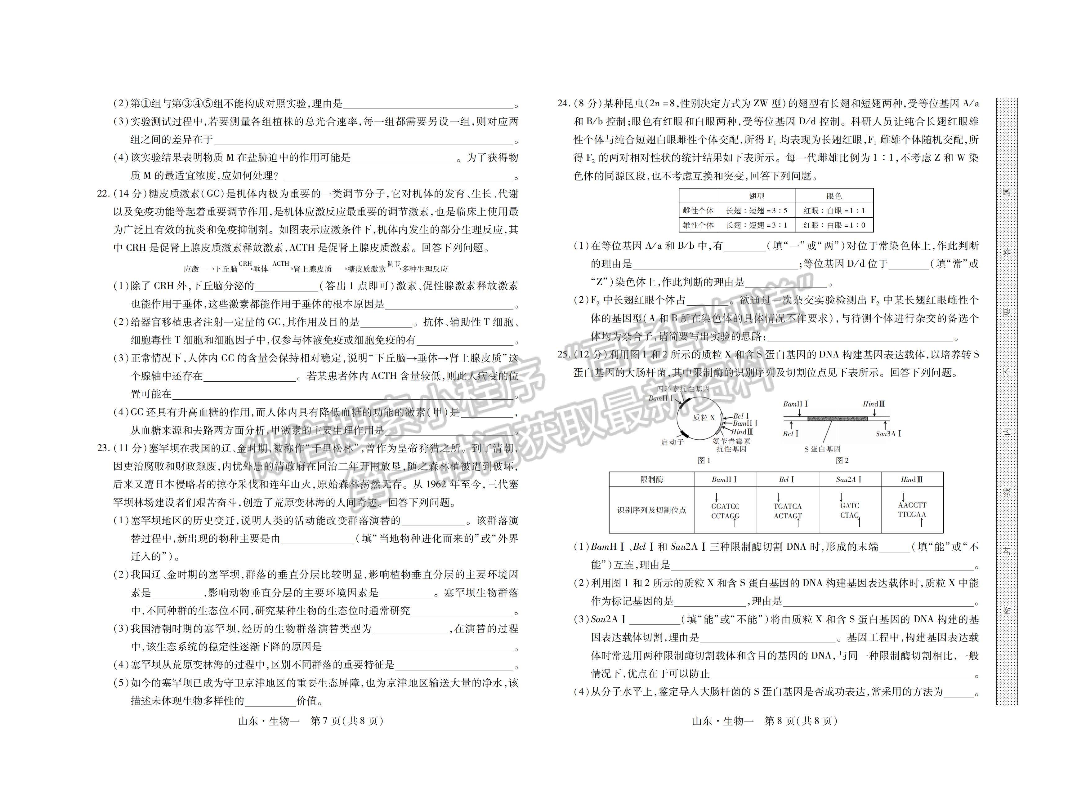 2023山東省普通高等學(xué)校招生全國統(tǒng)一考試仿真模擬（一）-生物試卷及答案