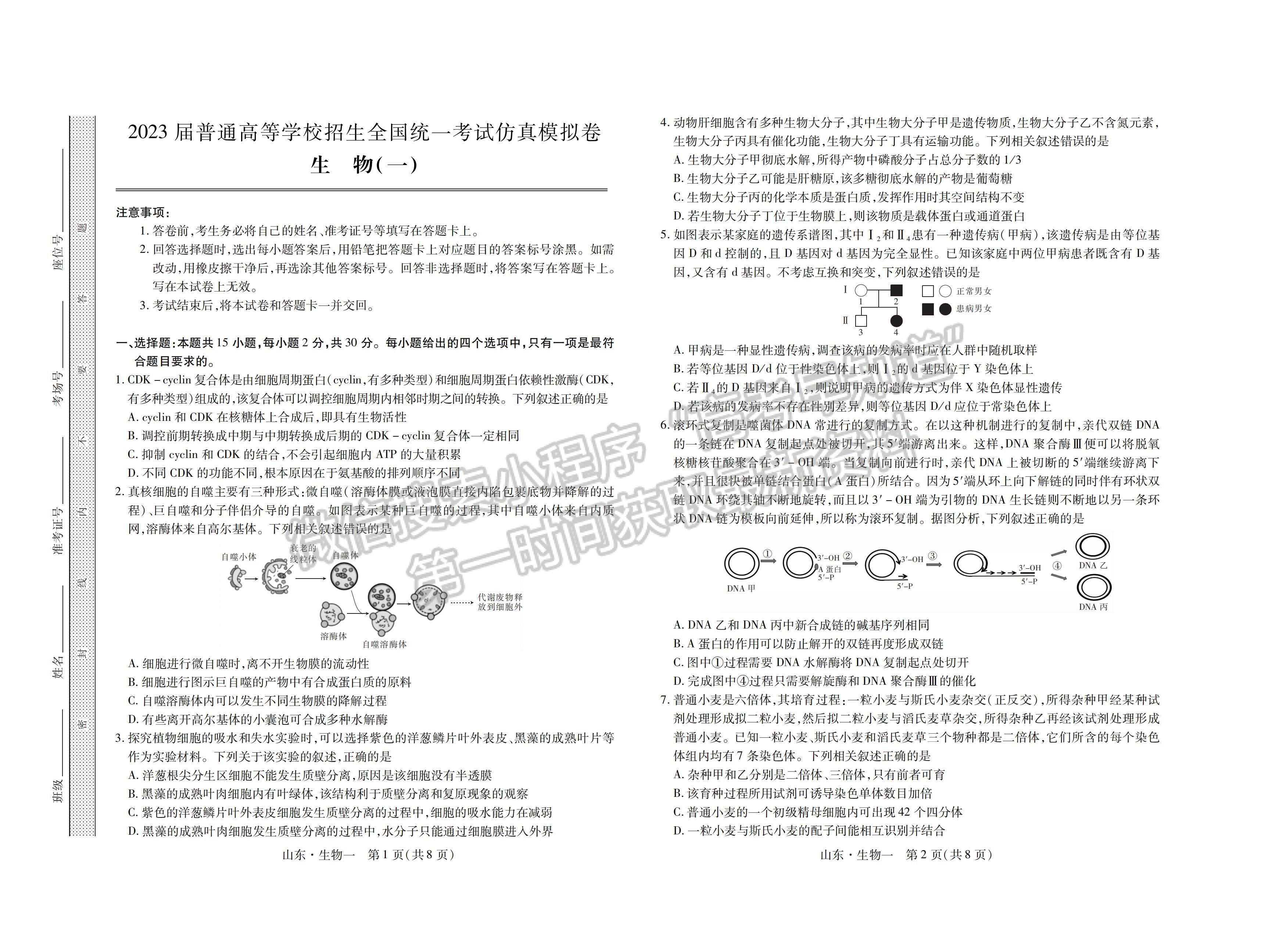 2023山東省普通高等學(xué)校招生全國(guó)統(tǒng)一考試仿真模擬（一）-生物試卷及答案