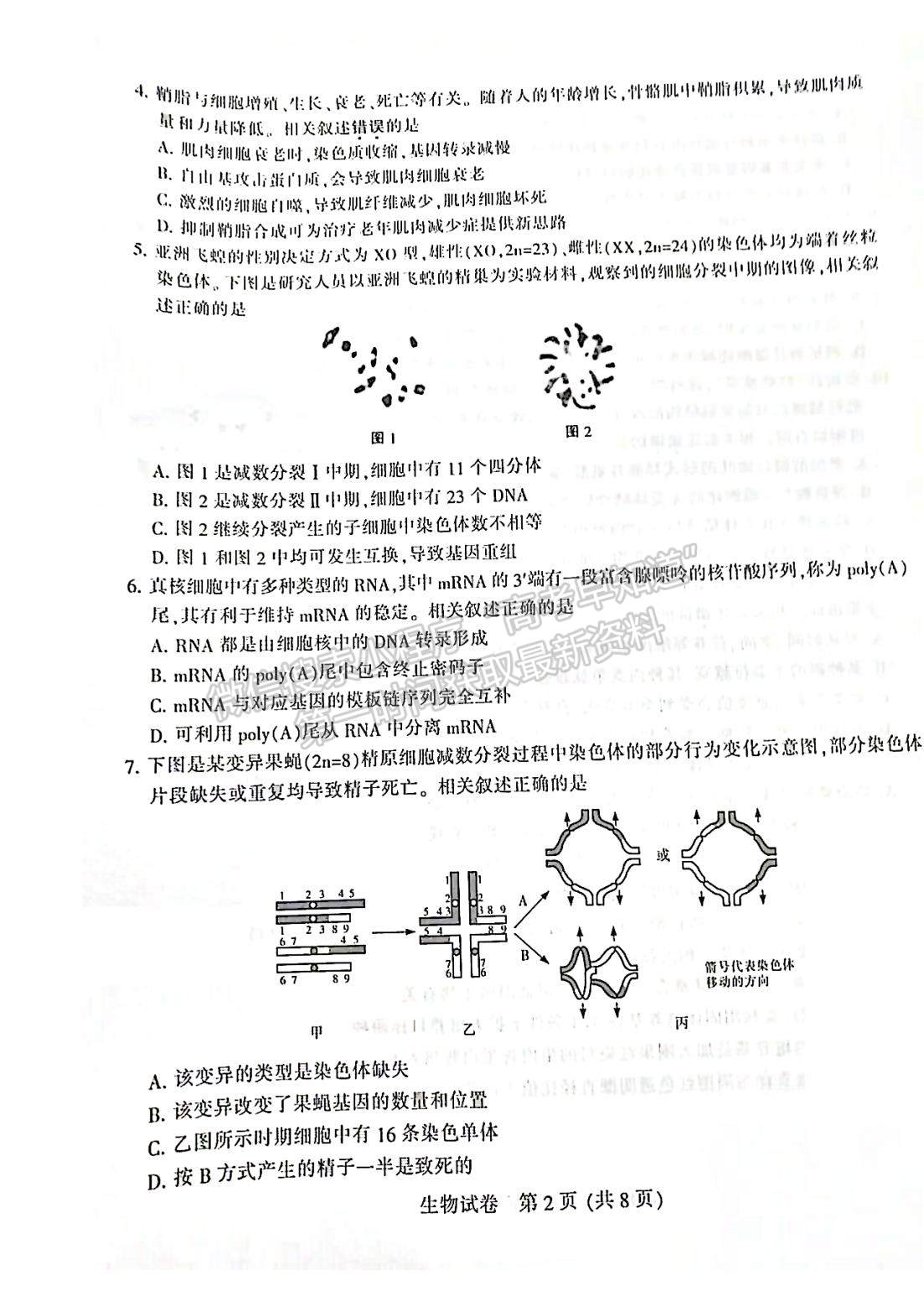 2023屆蘇北七市高三第一次調(diào)研（南通一模）生物試題及答案