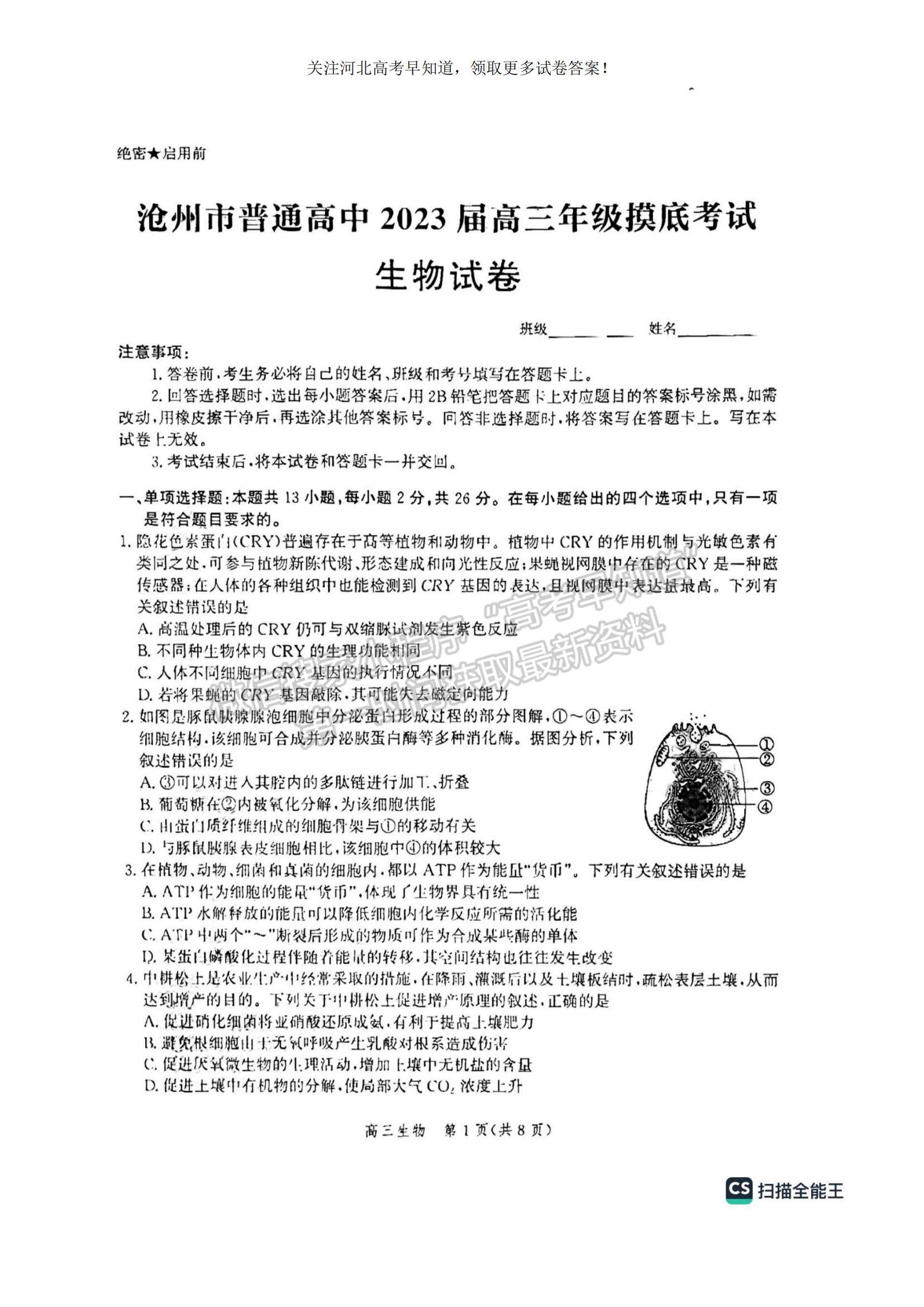 2023河北省滄州市普通高中高三上學期摸底考試生物試題及參考答案