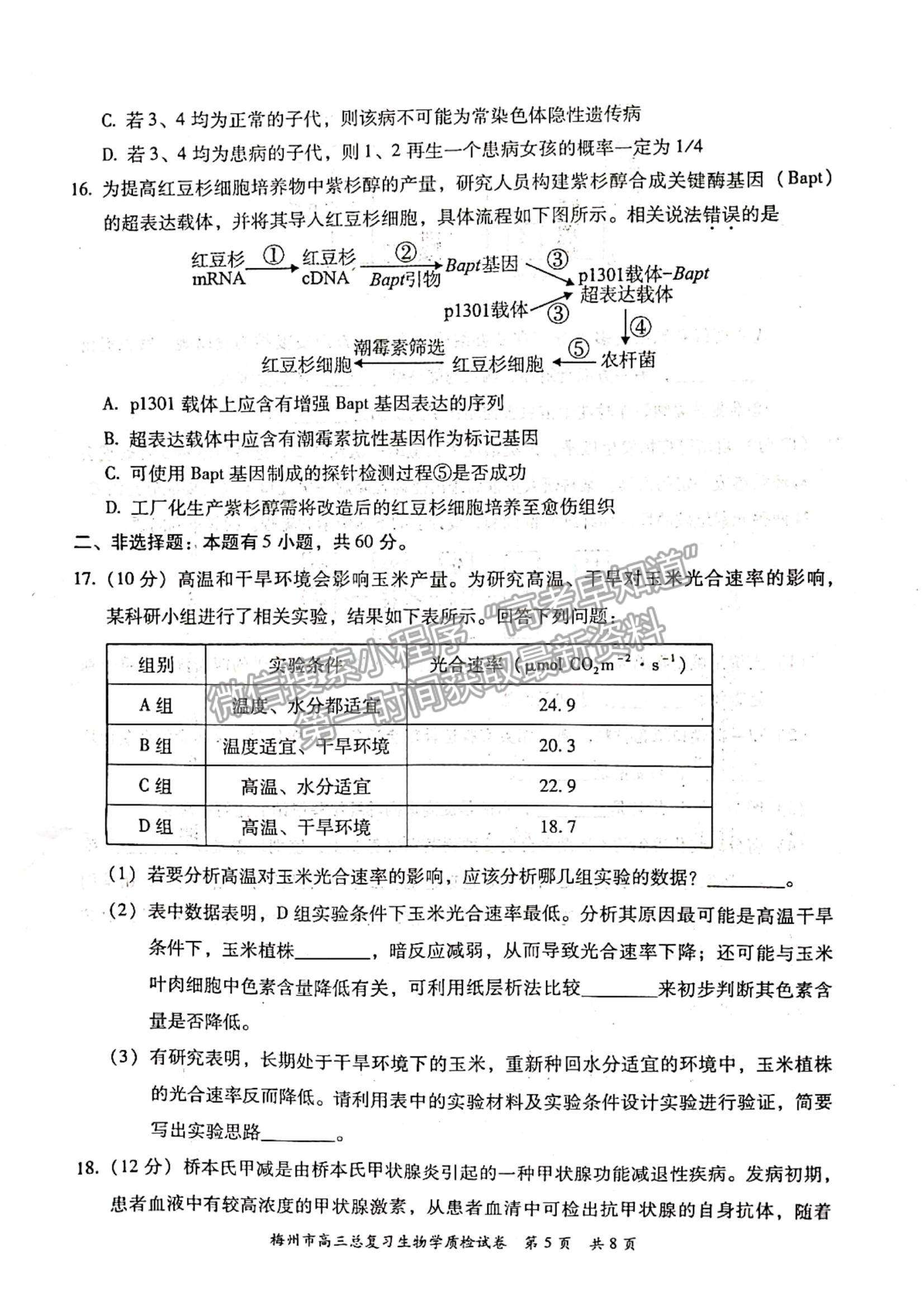 2023梅州一模生物試題及答案