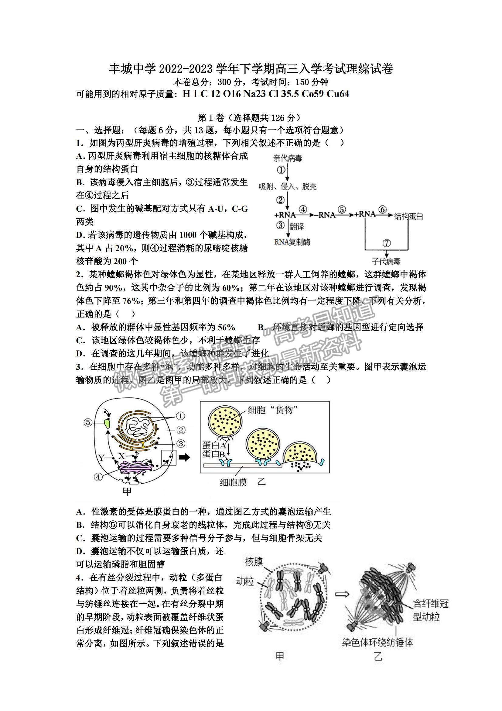 江西省豐城市豐城中學(xué)2022-2023學(xué)年高三下學(xué)期入學(xué)檢測理綜