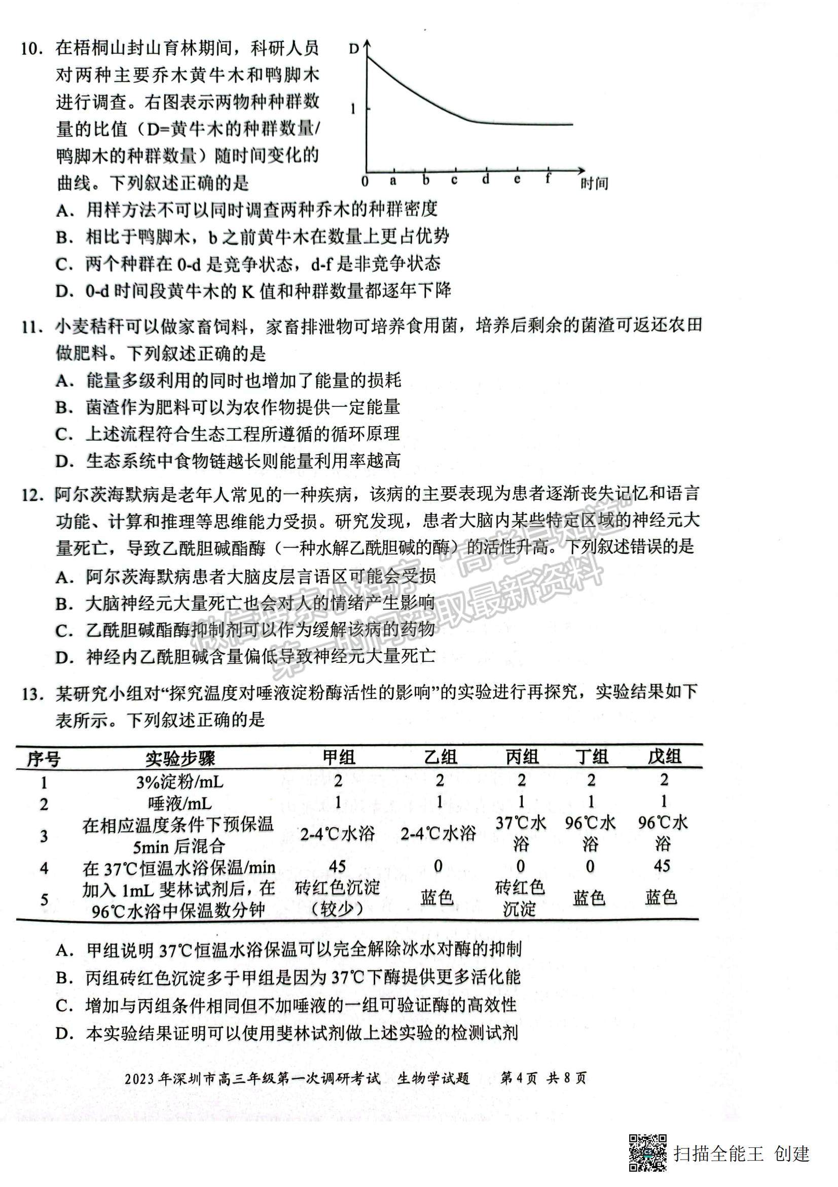 2023深圳一模生物試題及答案