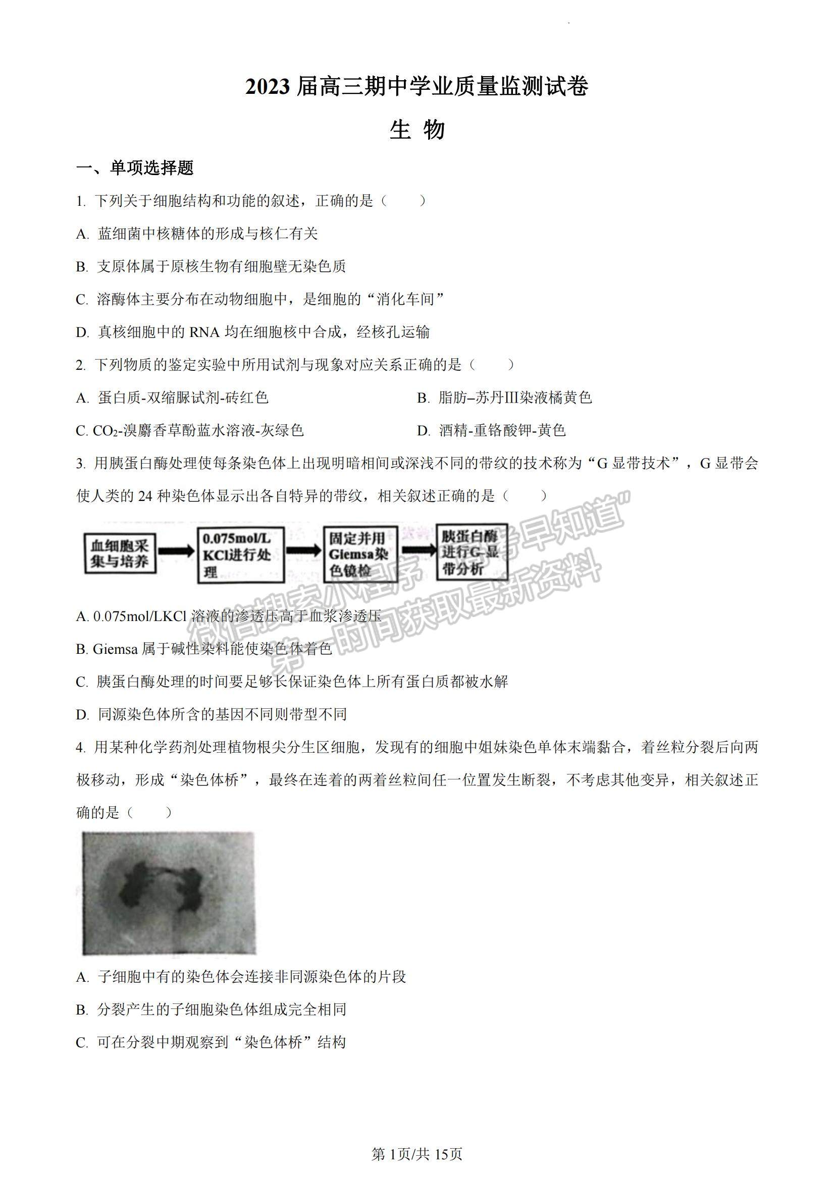 2023江蘇省南通市海安市高三上學(xué)期期中考試生物試題及參考答案