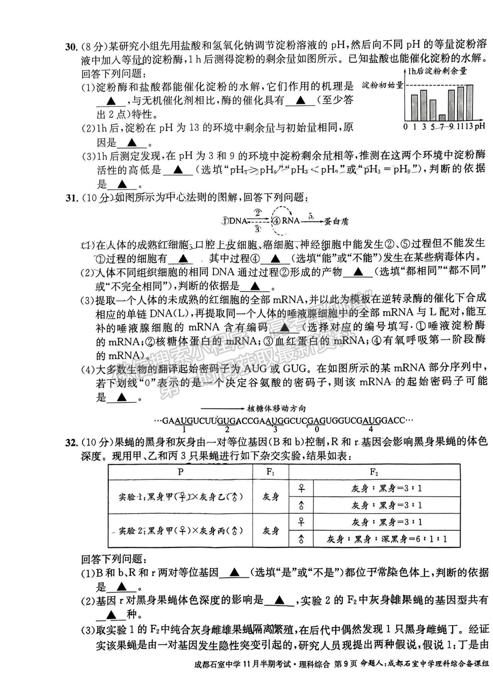 2023四川省成都市石室中學(xué)高三上學(xué)期11月半期考試?yán)砭C試題及參考答案