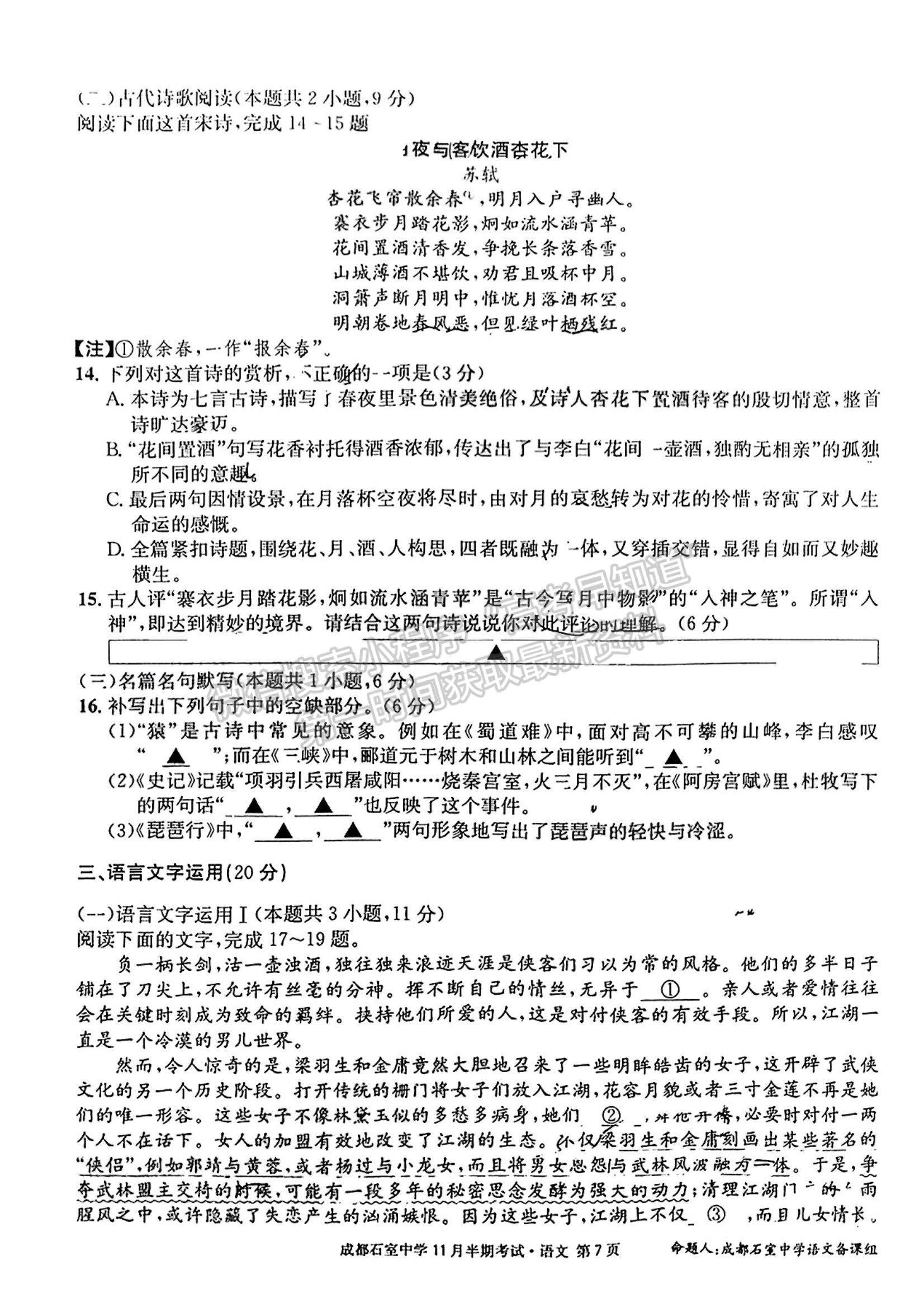 2023四川省成都市石室中學(xué)高三上學(xué)期11月半期考試語文試題及參考答案