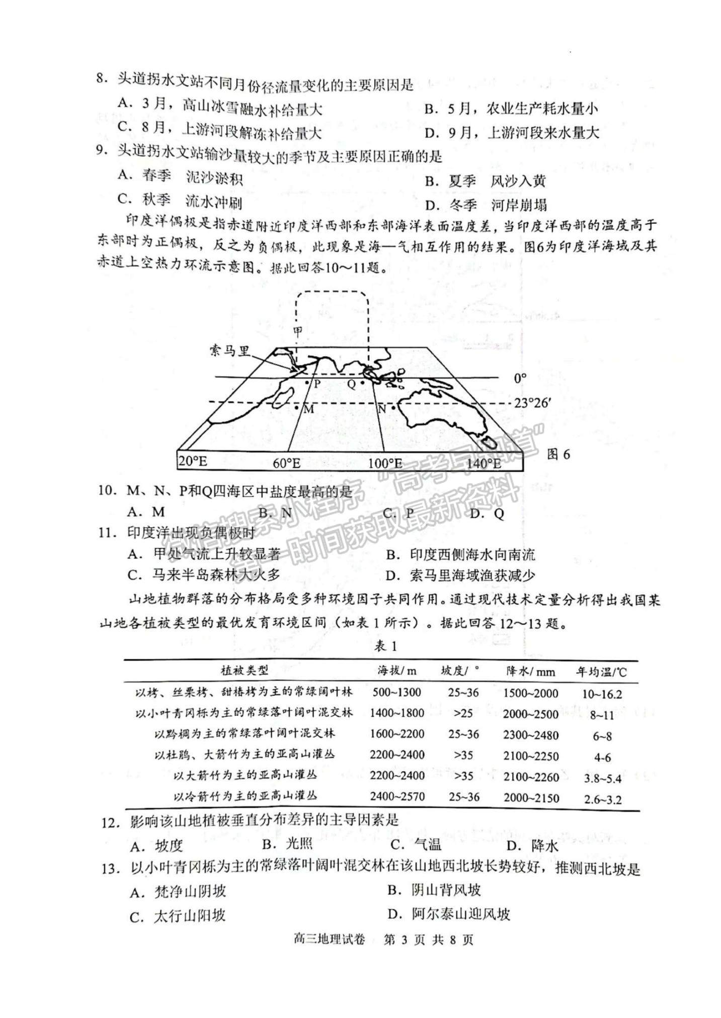 2023江苏省扬州中学高三上学期11月期中检测地理试题及参考答案