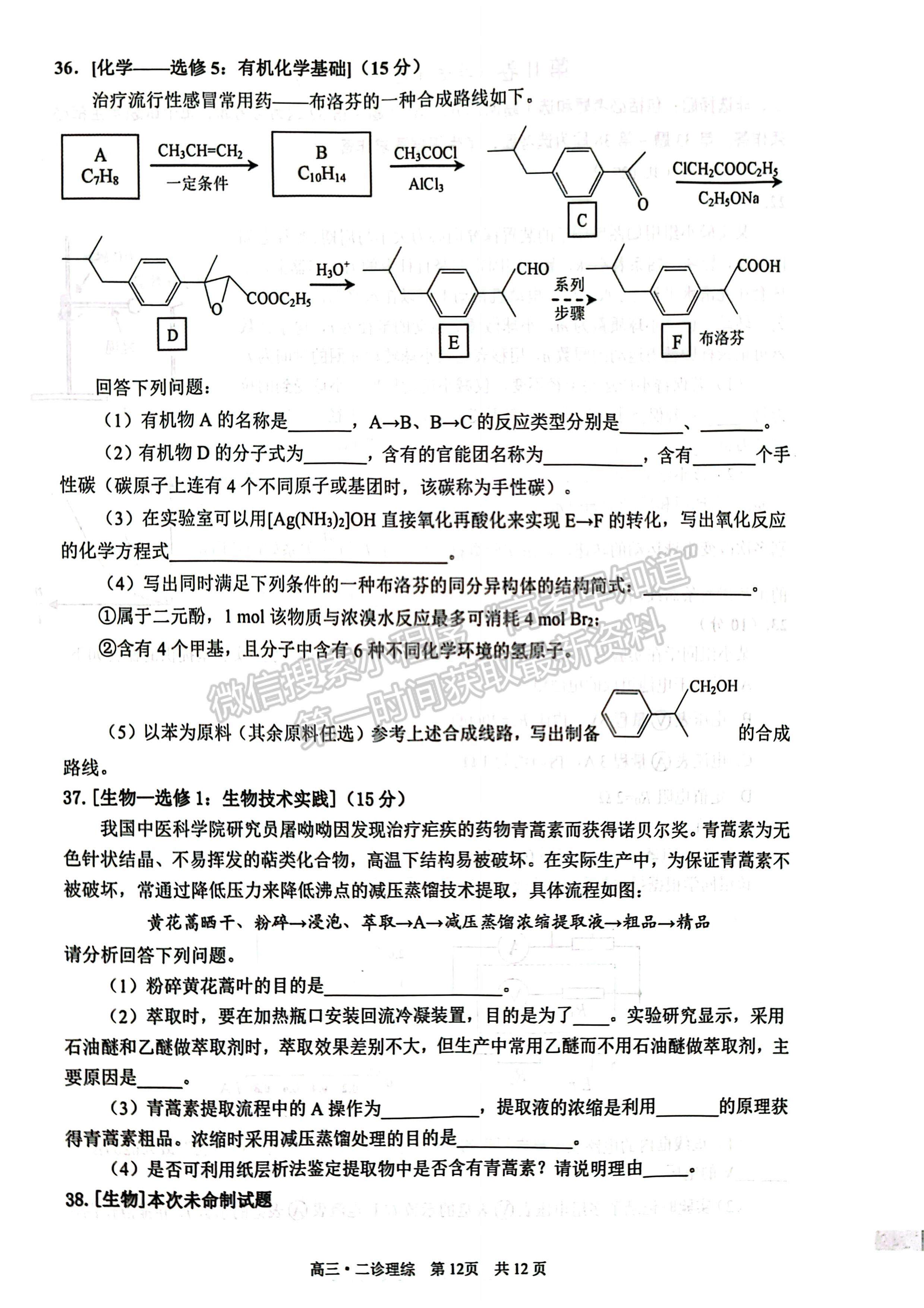 2023四川瀘州市高2020級(jí)第二次教學(xué)質(zhì)量診斷性考試?yán)砜凭C合試題及答案