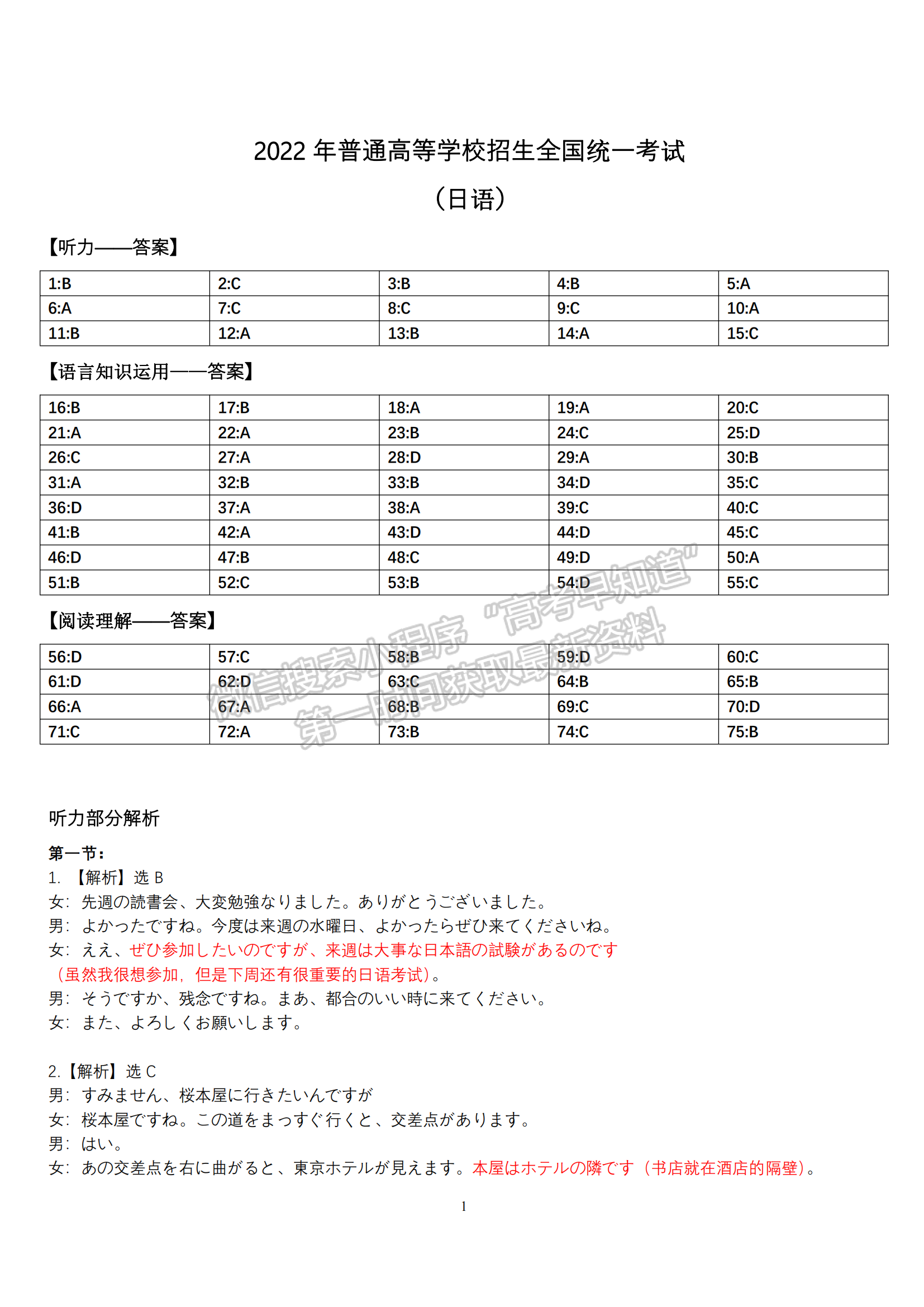 2022江苏高考日语试卷及参考答案