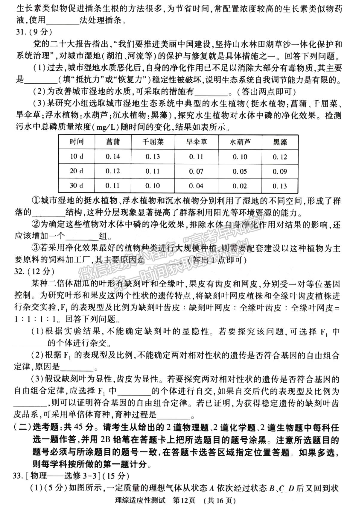 2023河南省普通高中毕业班高考适应性测试理综试题及参考答案