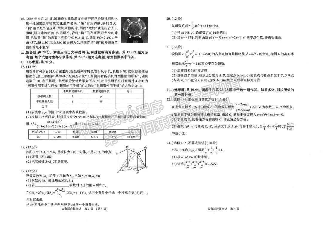 2023河南省普通高中畢業(yè)班高考適應性測試文數(shù)試題及參考答案