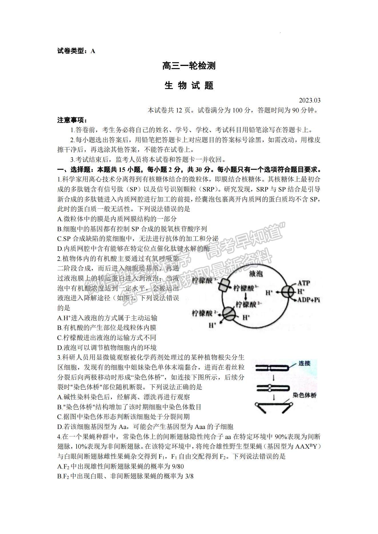 2023山东泰安高三一模试卷及答案汇总-生物试卷及答案