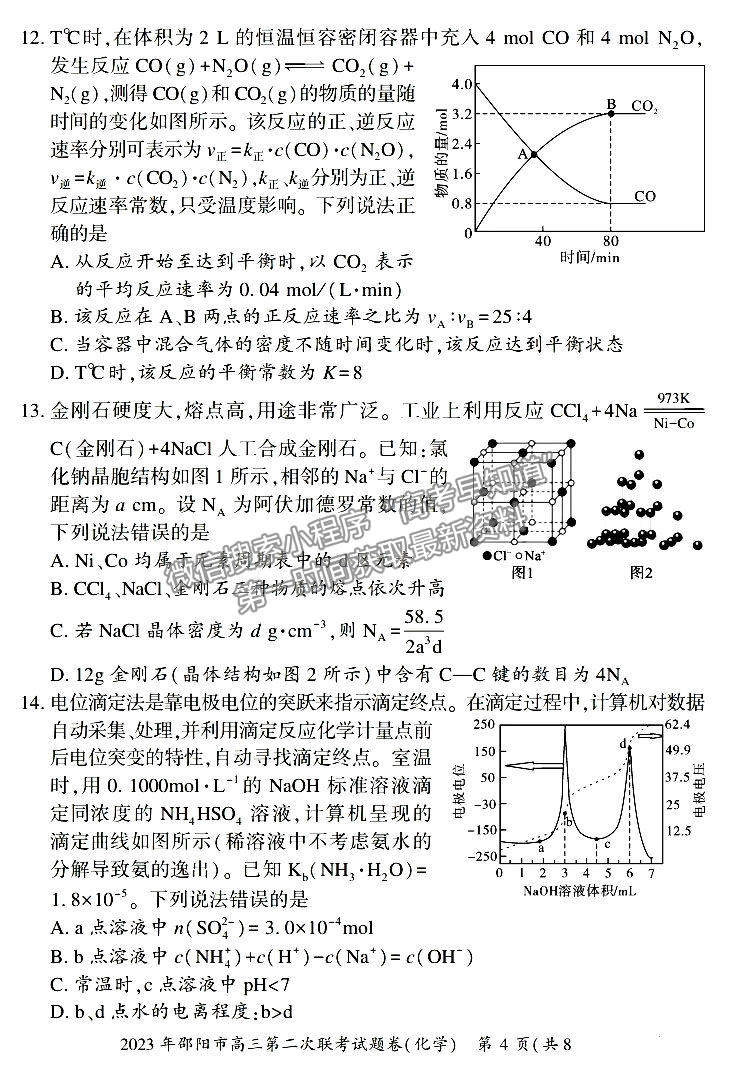 2023年湖南邵陽二?；瘜W(xué)試題及參考答案