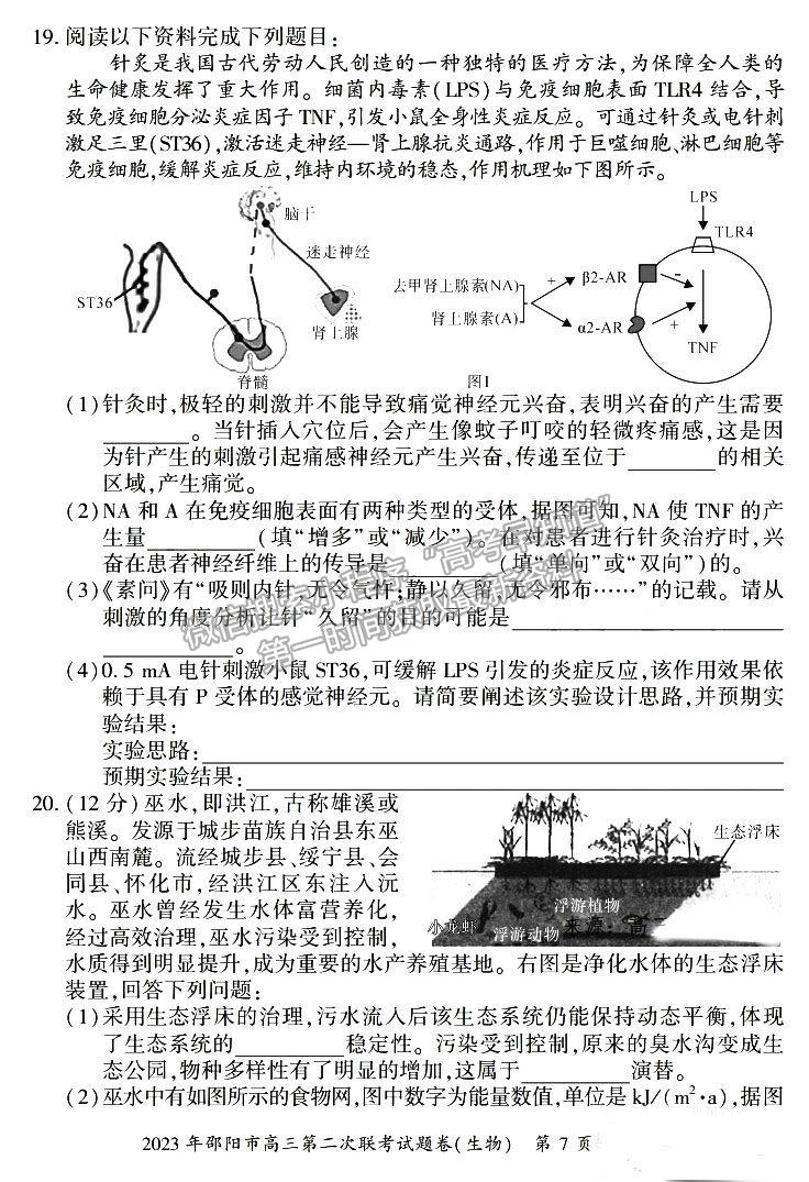 2023年湖南邵陽二模生物試題及參考答案