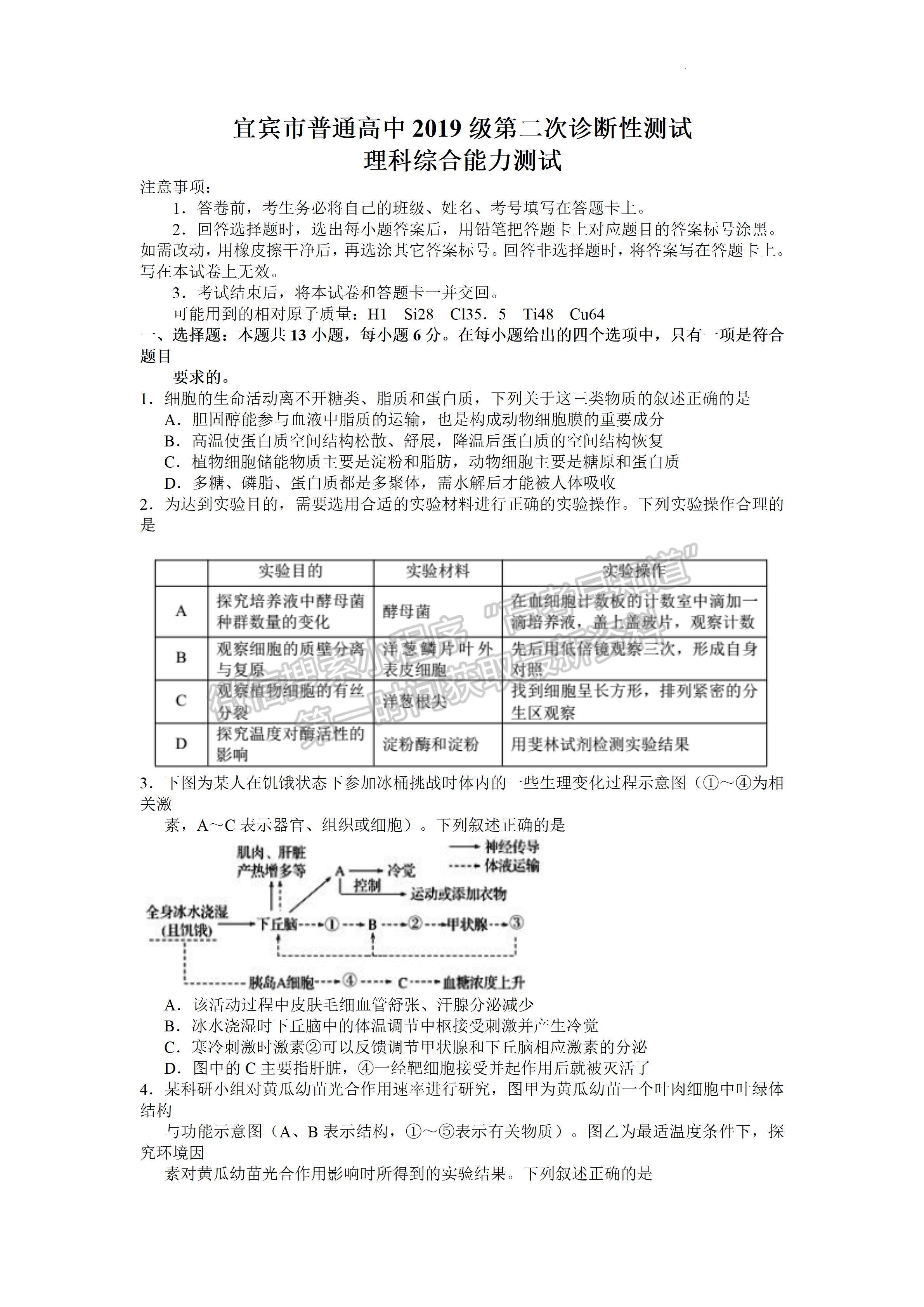 2022四川省宜賓市普通高中2019級第二次診斷性測試理科綜合試題答案