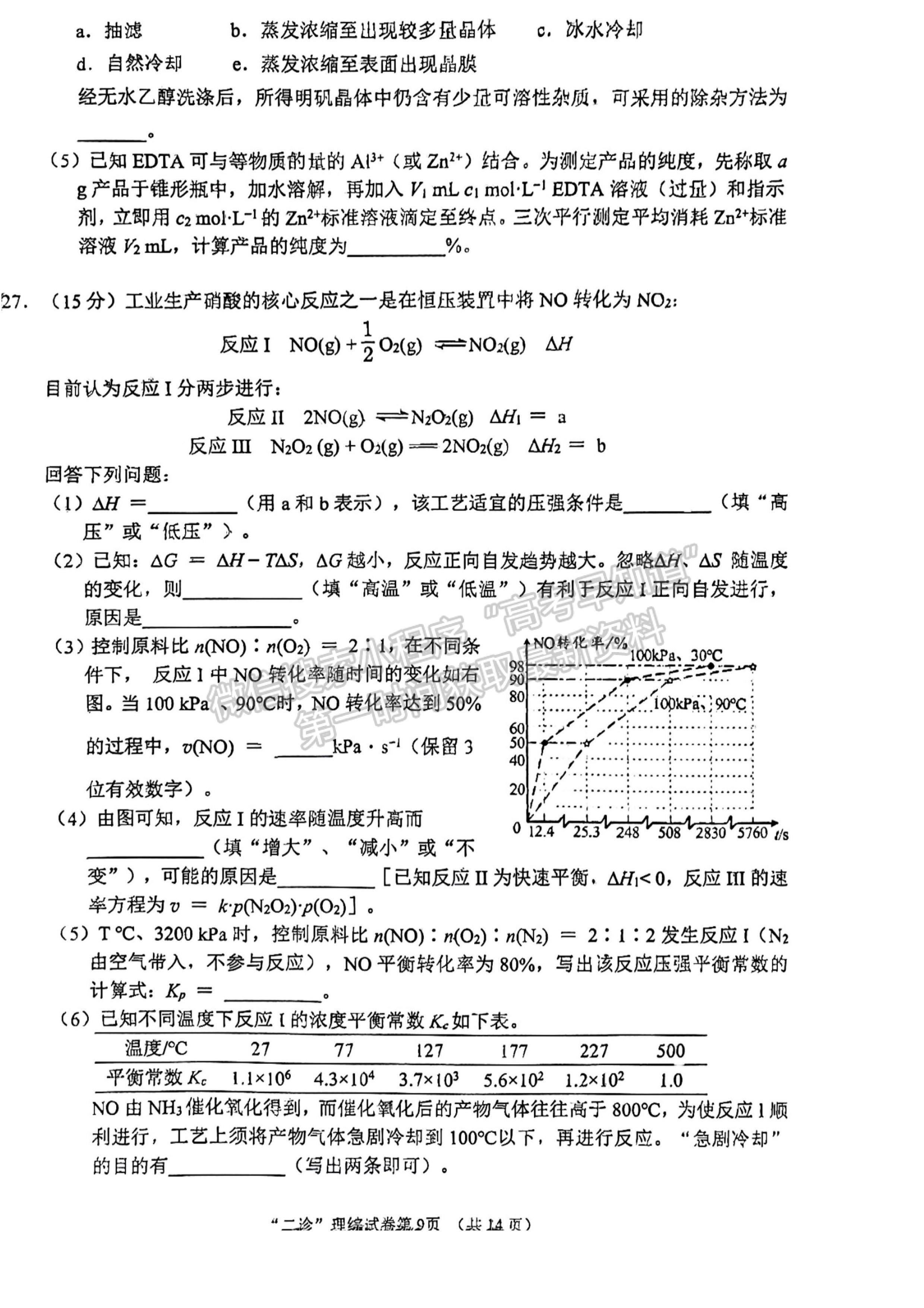 2023四川省南充市高2023屆高考適應(yīng)性考試（二診）理科綜合試題及答案