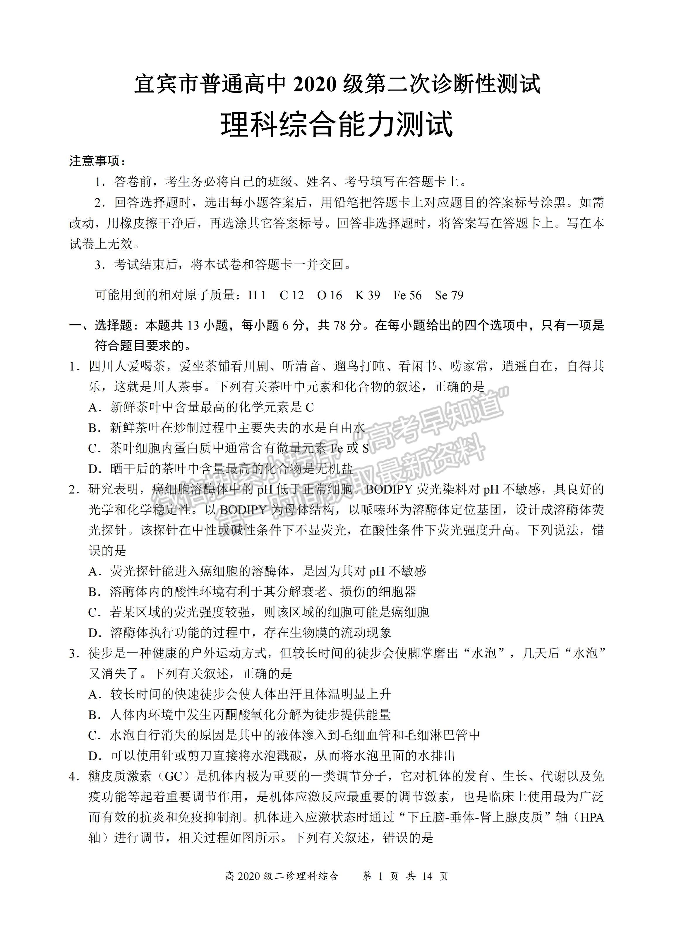 2023四川省宜賓市普通高中2020級第二次診斷性測試理科綜合試題及答案