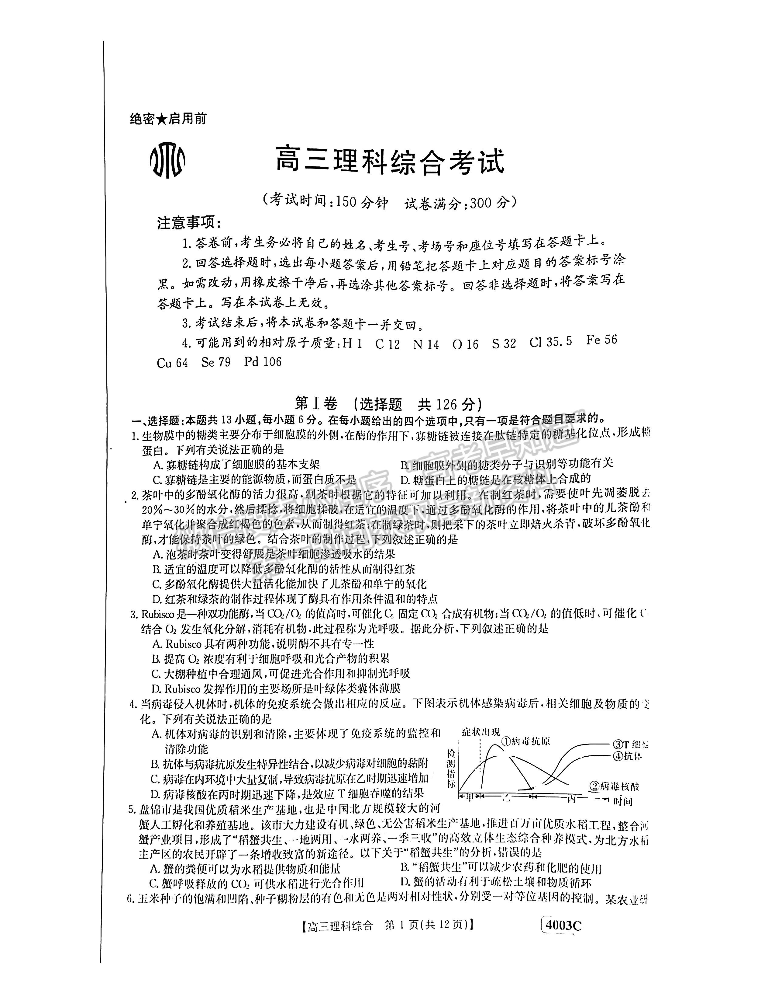 2023江西高三3月大聯(lián)考4003C理綜