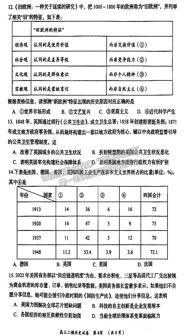 2023年湖南岳陽二模高三歷史試卷及參考答案