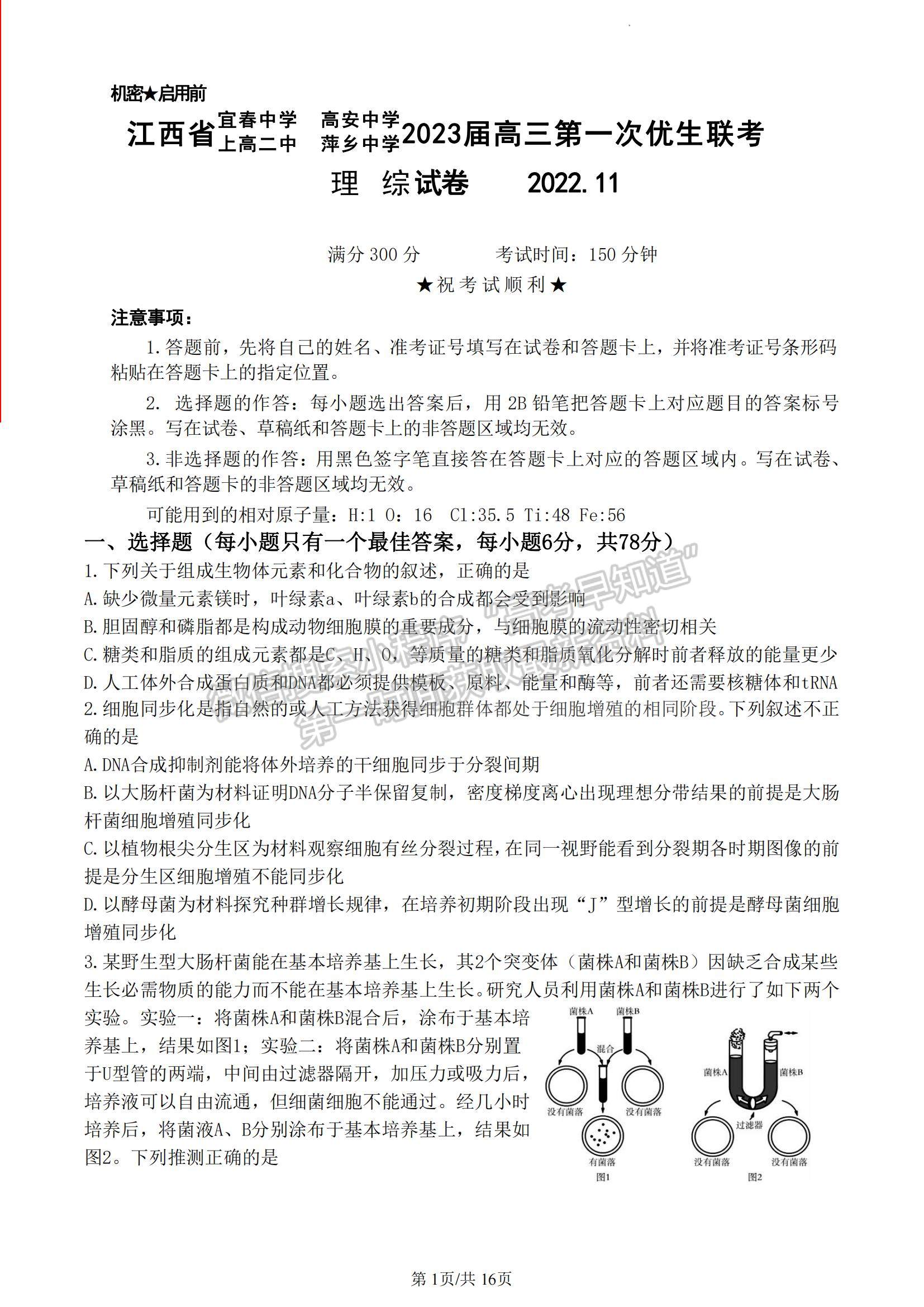 2023江西省宜春中學(xué)、高安中學(xué)等高三上學(xué)期第一次四校優(yōu)生聯(lián)考（理6科）理綜試題及答案