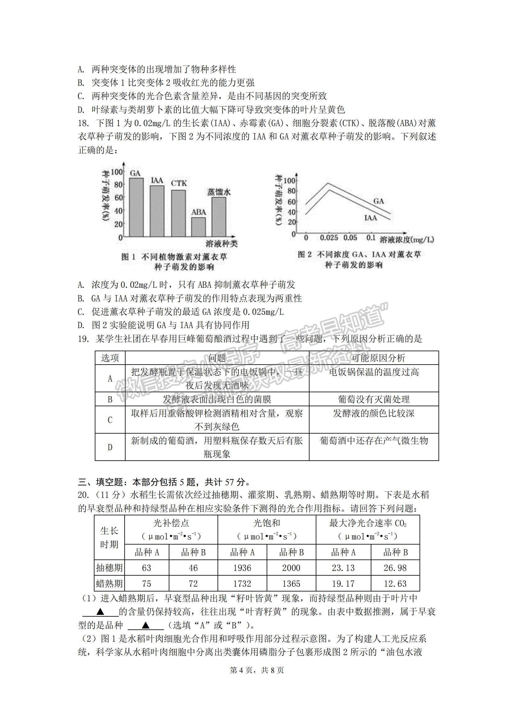2023江苏省无锡市江阴市高三上学期阶段测试生物试题及参考答案