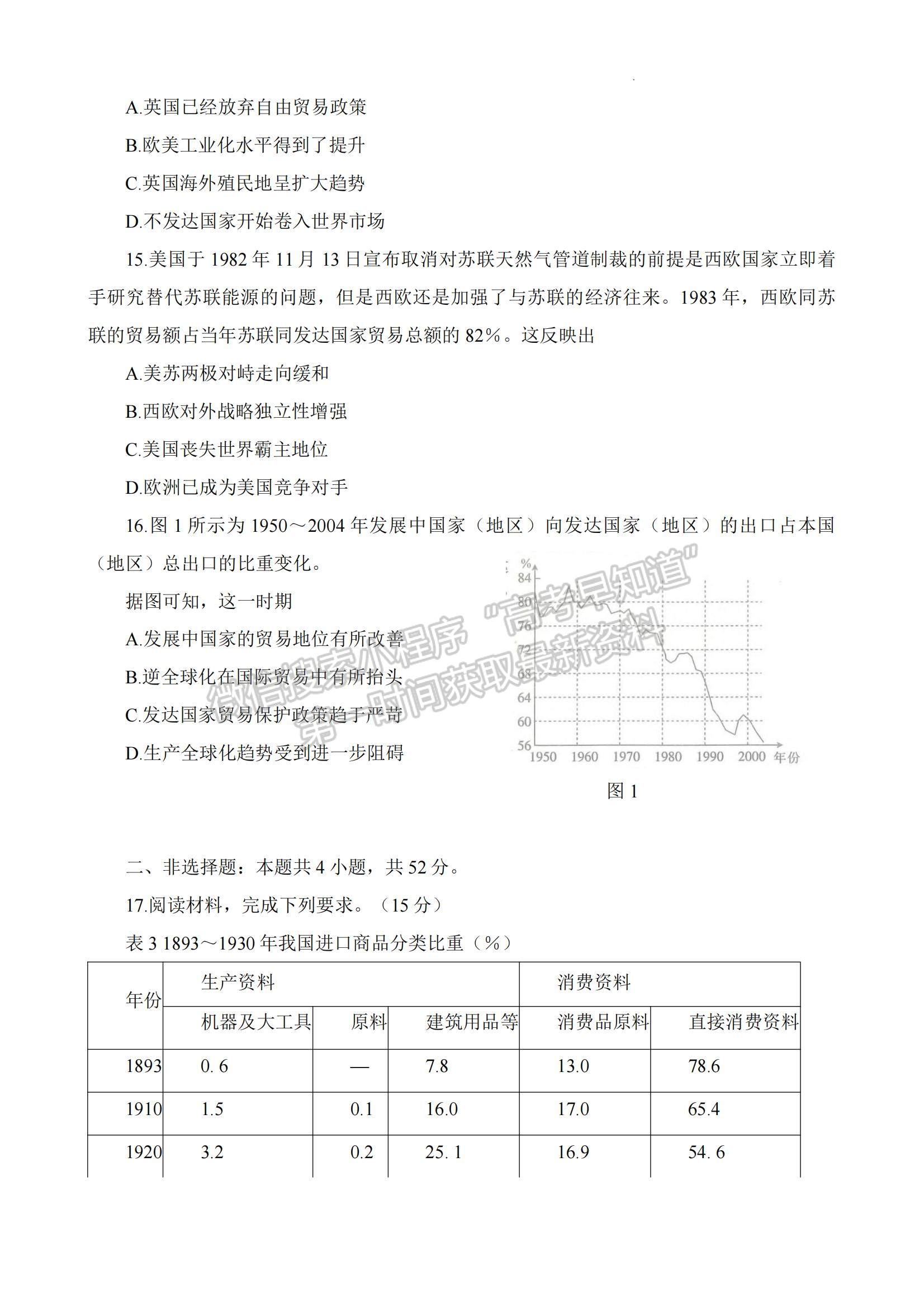 2023湖南省六市（州）高三上學(xué)期統(tǒng)一考試歷史試題及參考答案