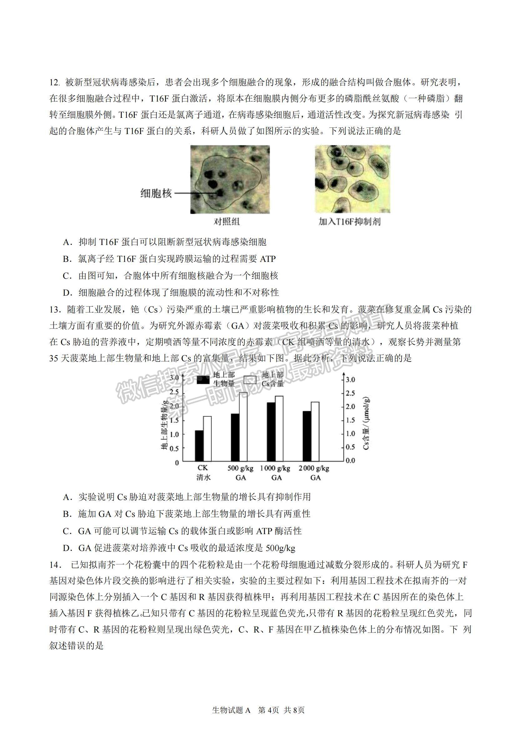 2023广东省深圳中学高三上学期第一次阶段测试生物A卷试题及参考答案