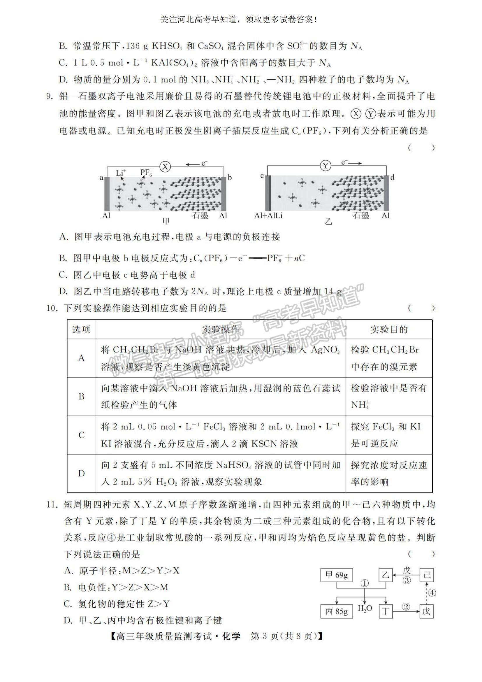 2023河北省高三下學(xué)期質(zhì)量監(jiān)測(cè)（開(kāi)學(xué)考）化學(xué)試題及參考答案